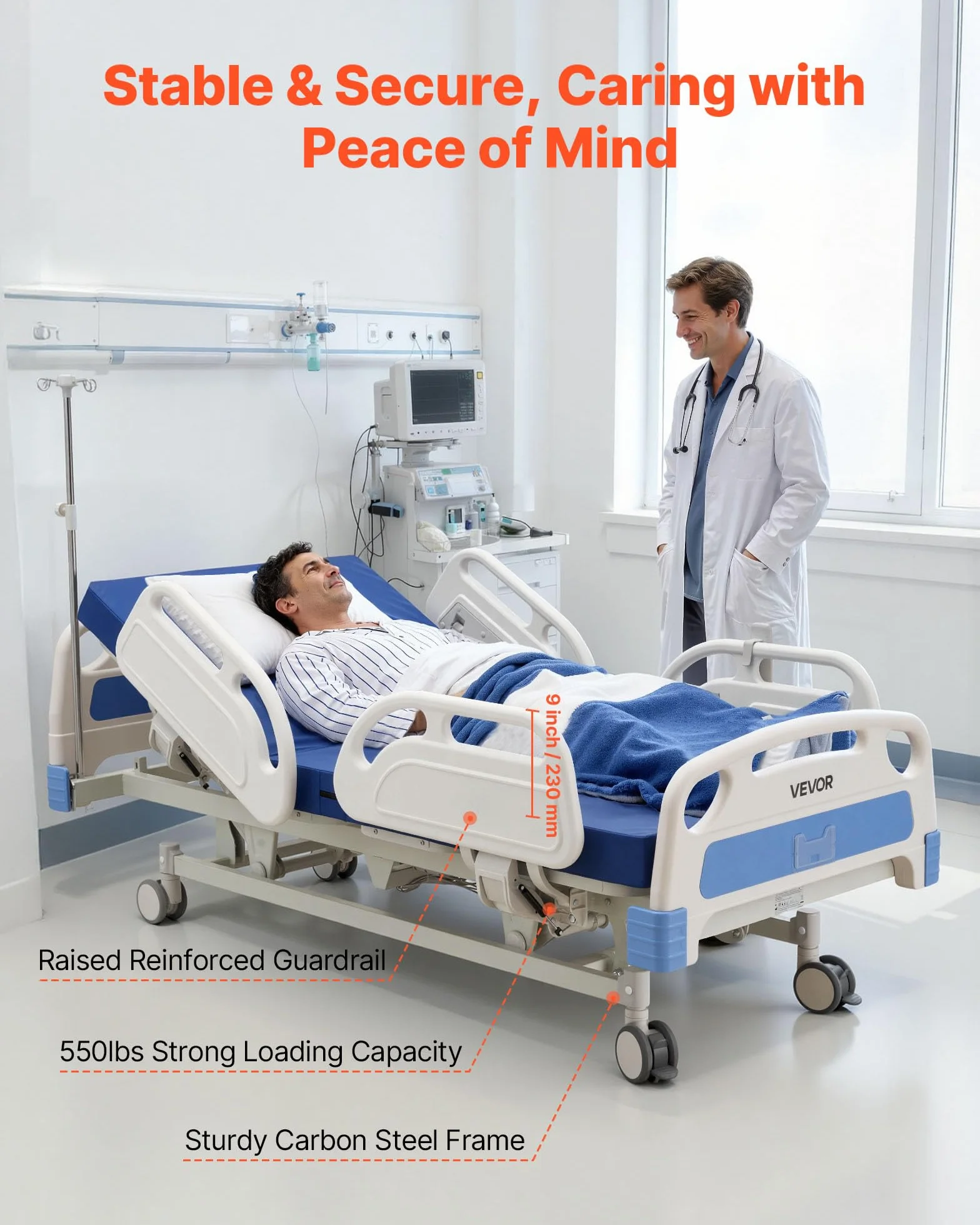 VEVOR Cama de Hospital Eléctrica de 5 Funciones con Trendelenburg y Ruedas con Bloqueo, Cama Médica con Colchón de Alta Densidad para Hospitalización Doméstica, Carga de 250 kg, 213 x 106 x 45-75 cm