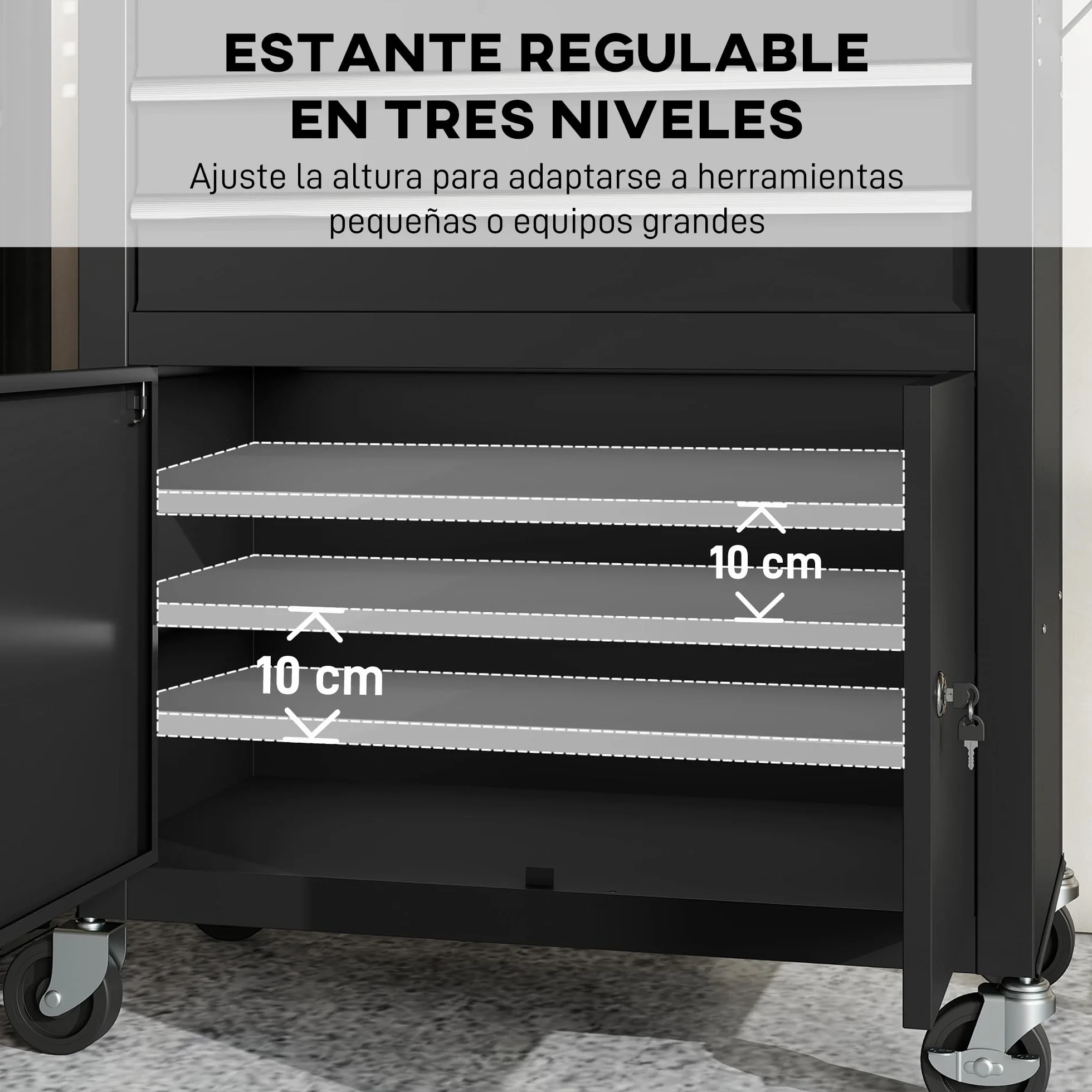 HOMCOM Carro de Herramientas con 3 Cajones y Tabla de Pegboard, Carro de Taller, Cerradura por Llave, Estante Ajustable, 2 Ruedas con Freno de Bloqueo, Negro