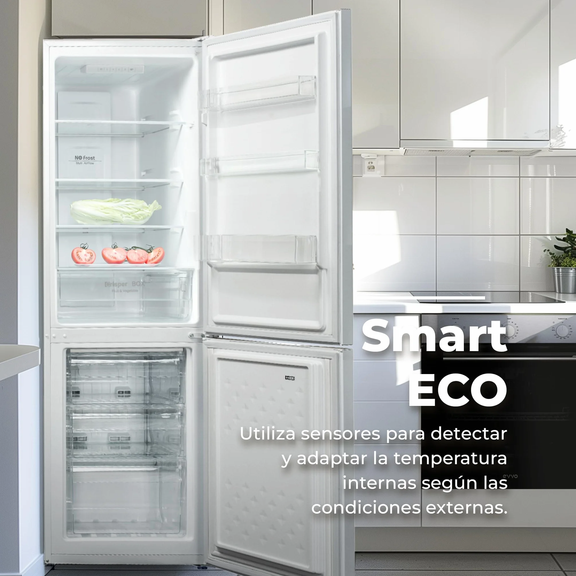 EVVO Frigorífico Combi No Frost 180L Congelador 70L Motor Inverter 54cm Ancho Smart ECO Multi Air Flow Luz LED Panel Táctil F52X Inox