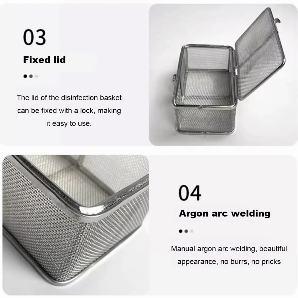 Bandeja para Instrumentos, cestas Perforadas de Malla, Bandeja de esterilización, Cesta de desinfección de Equipos médicos con Tapa de Acero Inoxidable(20 * 10 * 5cm)