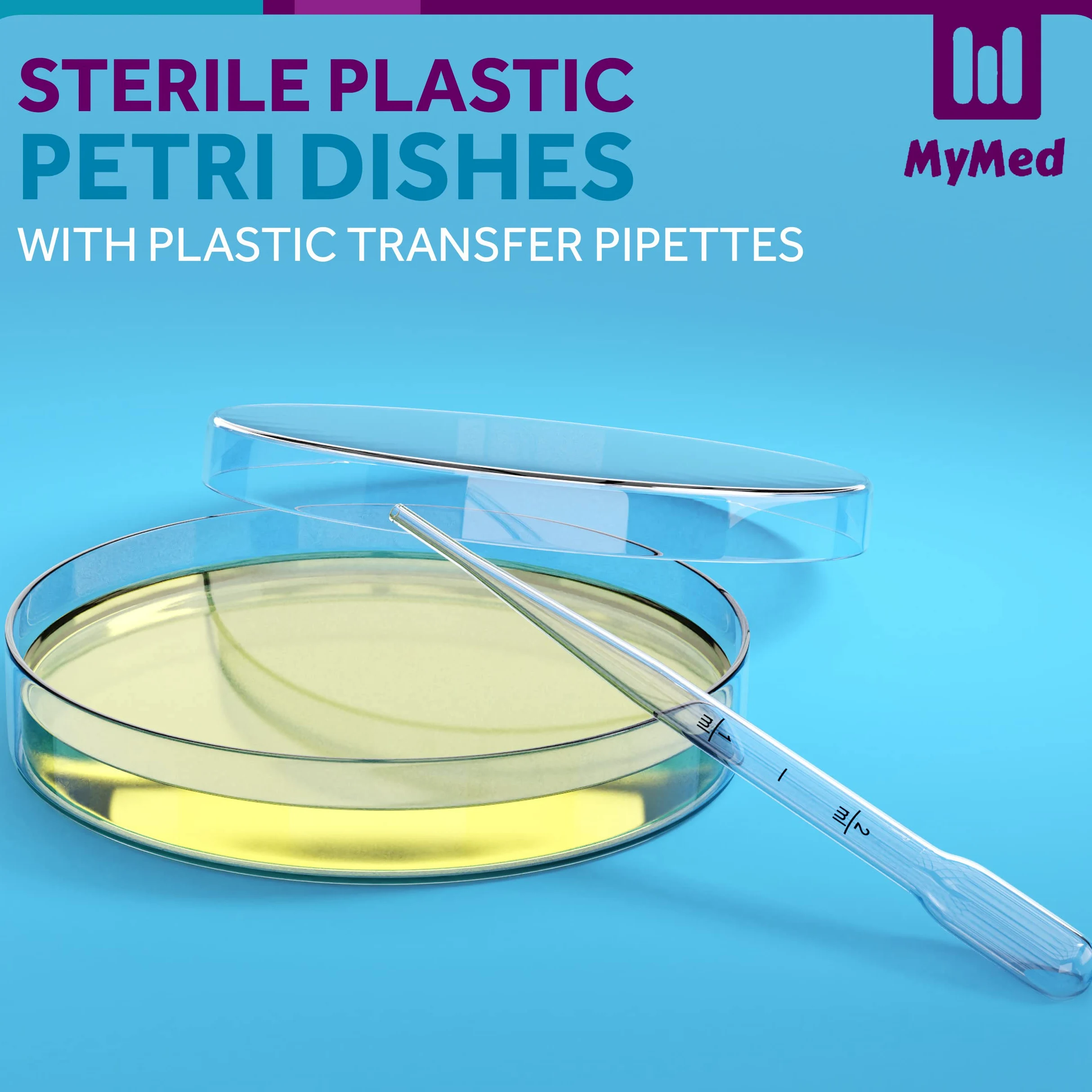 MyMed 100 placas de Petri estériles irrompibles con tapa (90 x 15 mm), pipetas de plástico de 2 ml para análisis de laboratorio, proyectos escolares, muestras de sangre, bacterias, plantas y cultivo