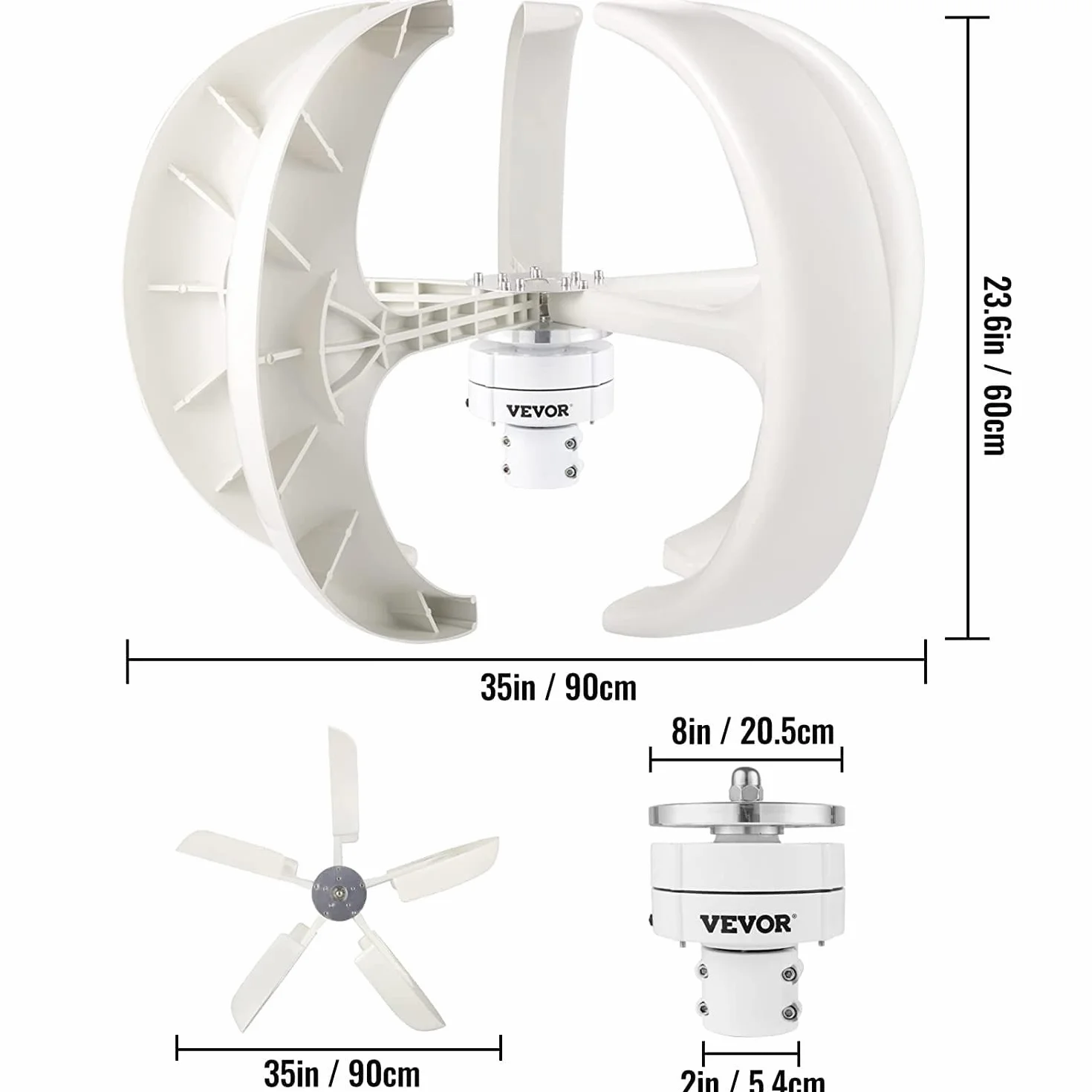 Aerogenerador 3000W Generador Viento,Turbina Eólica Vertical Kit con Controlador 5 Cuchillas Ajuste Automático De Dirección Viento,Para Barcos Terrazas Cabañas O Hogar,White-12V