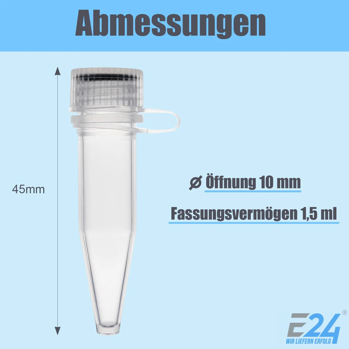 Recipiente de plástico E24 con tapa, tubo de centrífuga de 1,5 ml, cápsulas de coque para llenar (50 unidades, transparentes)