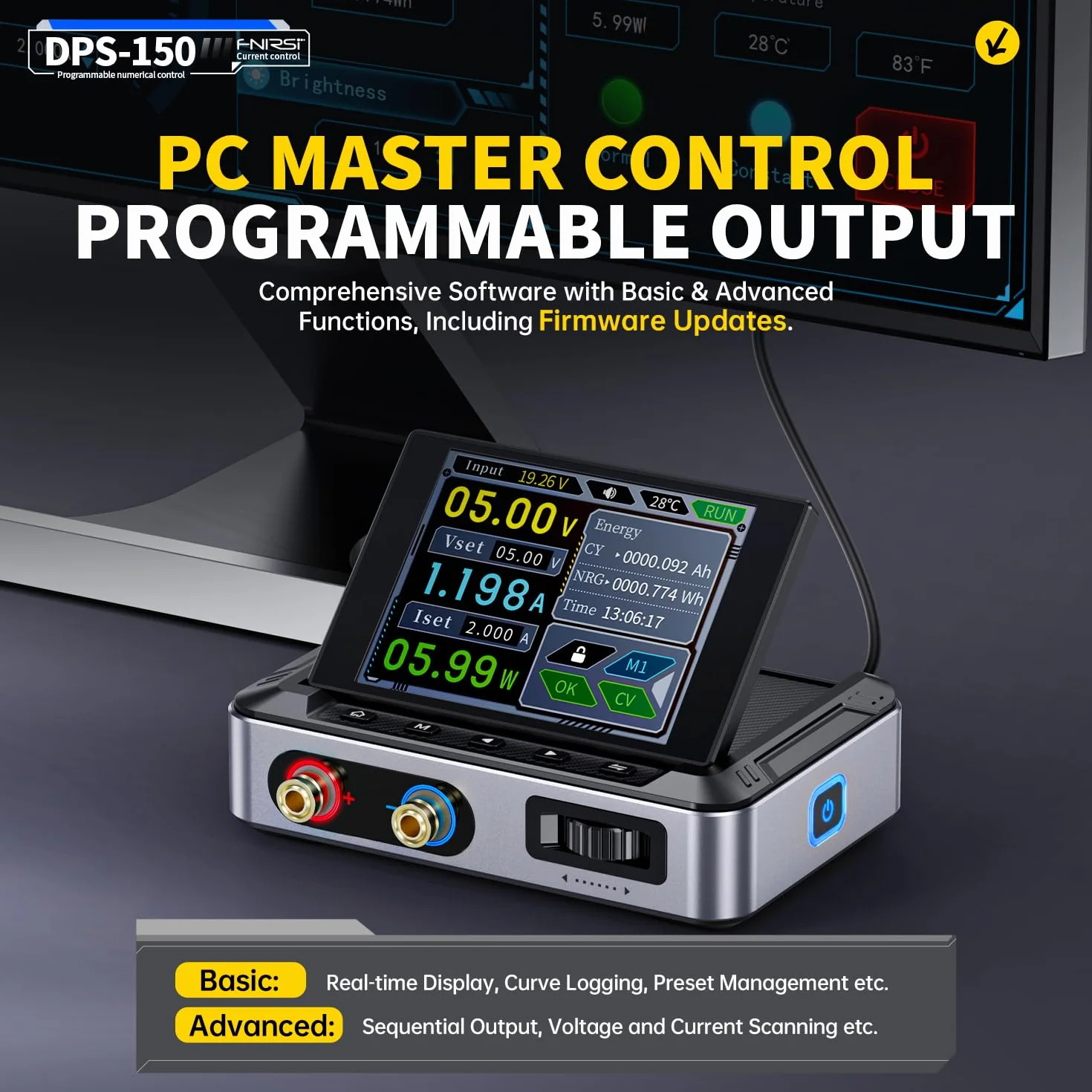 Fuente de Alimentacion Regulable,DPS-150 30V 5A CNC DC Adjustable Power Supply con 4 Dígitos IPS Display, Power Ripple <20mV PD/QC/DC Input PC programable Switching Power Supply