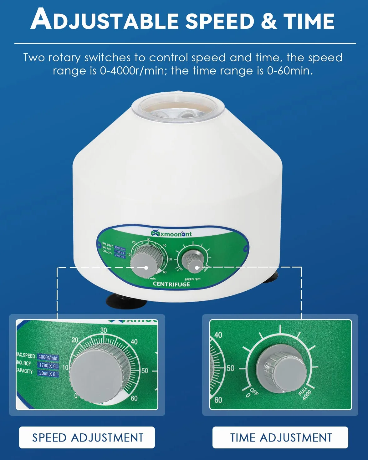 Mxmoonant Centrifugadora de Laboratorio 4000rpm 6x20ml 1790xg 60min Temporizador para Tubos PRP Separación Muestras Enchufe UE