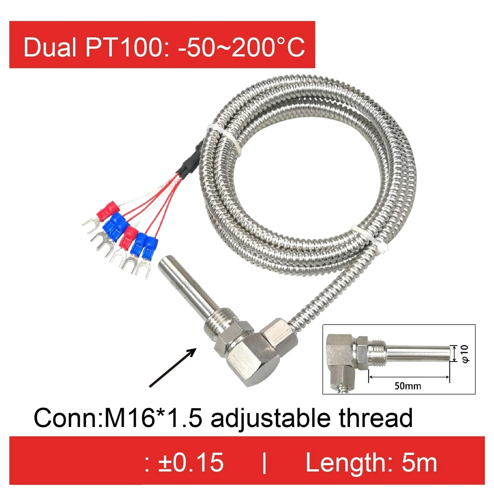 sensor Sensor de temperatura del cojinete del motor, sonda RTD PT100, sensor de temperatura roscado en forma de L, sonda industrial de acero inoxidable(Pt100 5M Dual)