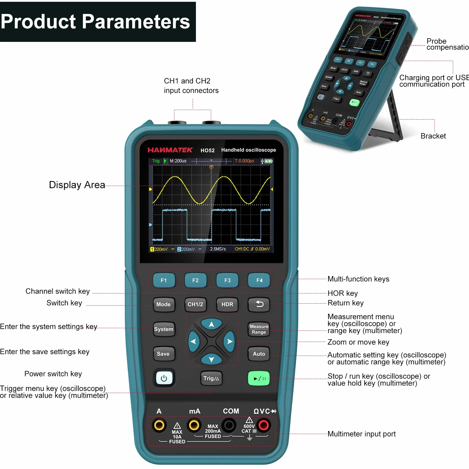 Osciloscopio Digital, HANMATEK HO52 Mini Osciloscopio TFT de 3,5", Osciloscopio y Multímetro 2 IN 1, Pantalla Retroiluminada, Función Autocalibración, 7 Medidas Automáticas, Función Memoria