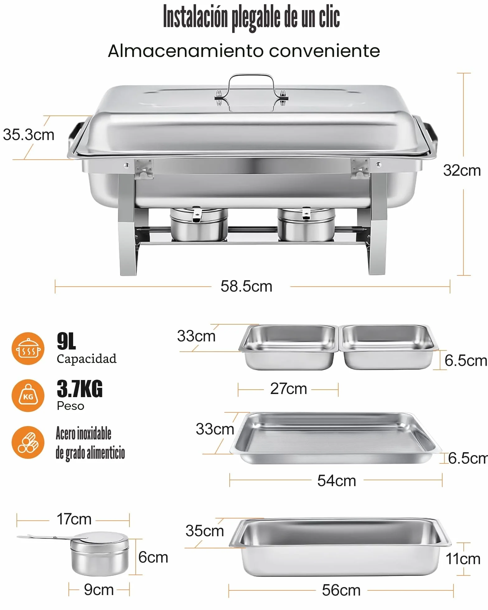 Chafing Dish Buffet Set 9L Acero Inoxidable Borde Enrollable Calentador Alimentos Catering