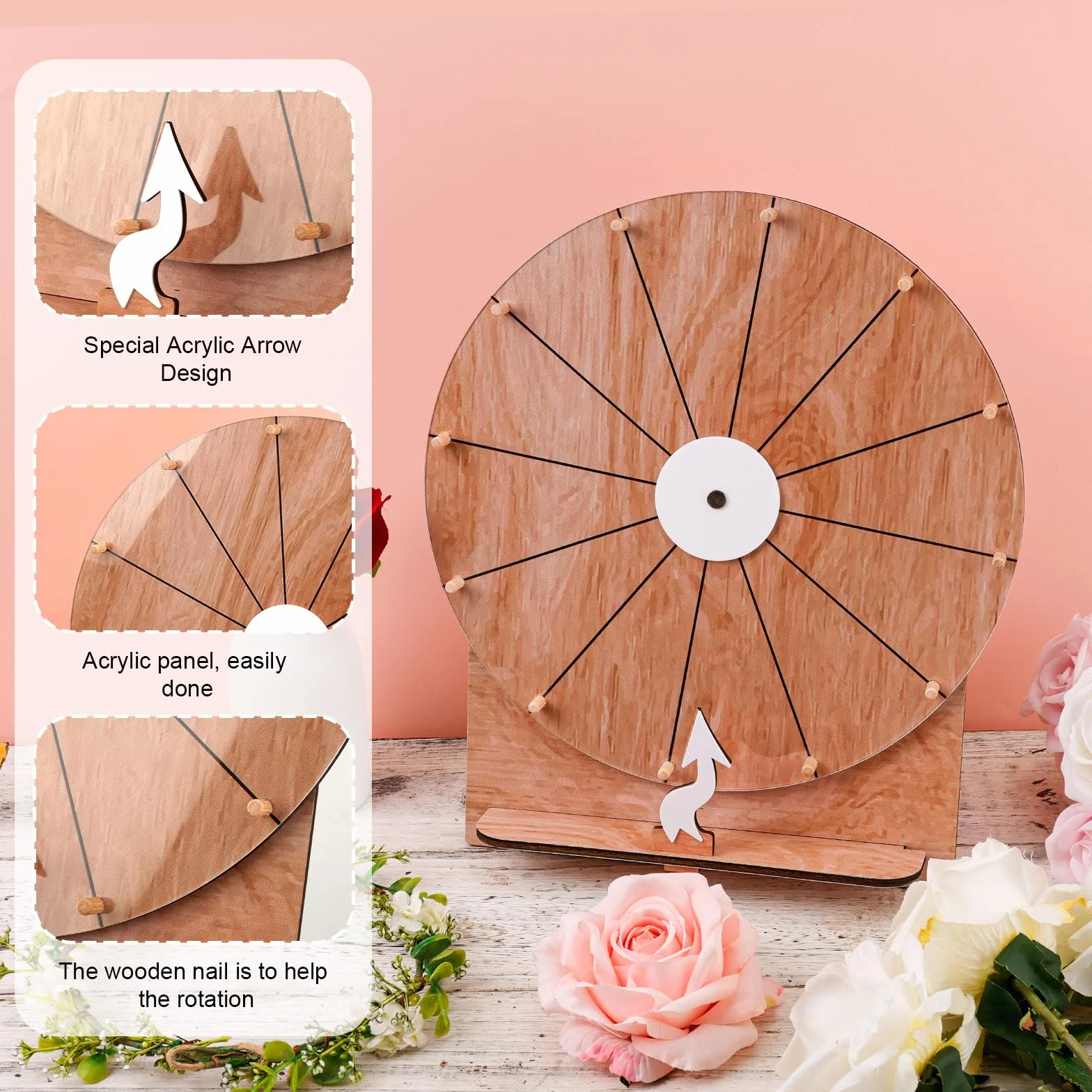 Rueda Giratoria de Madera 30cm para Juegos de Bodas con Soporte