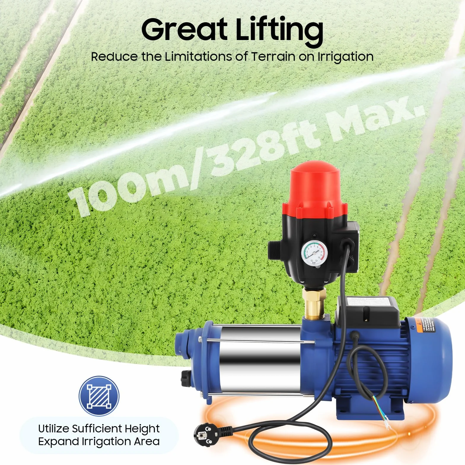 Bomba centrífuga de 2500 W, bomba de agua, bomba de jardín con interruptor de presión, para estanque, jardín, riego, refuerzo de presión