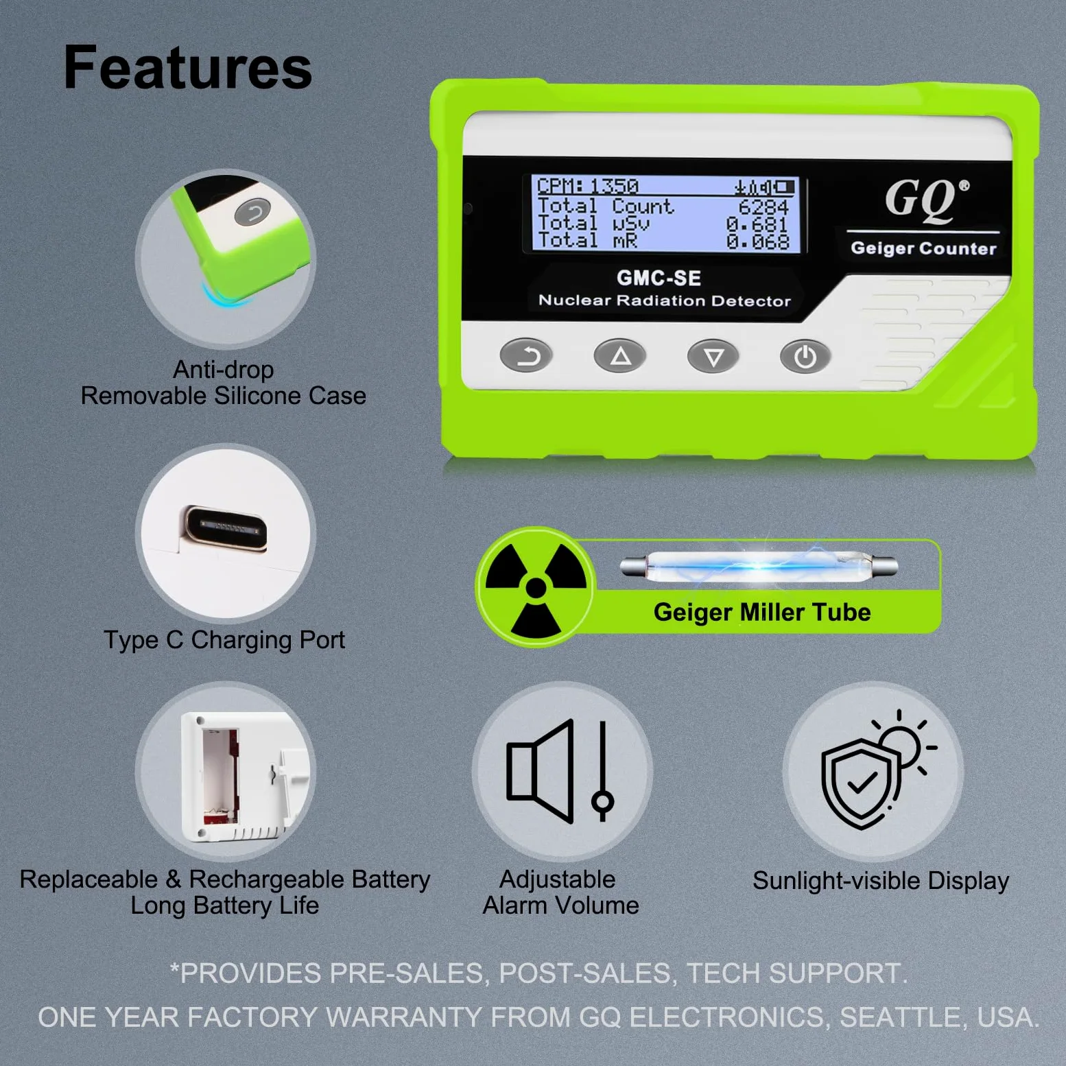 GQ GMC-SE Geiger - Detector de radiación con contador de rayos X beta gamma, medidor de radiación portátil, dosímetro digital de radiación nuclear, dispositivo de grabación automática de datos, funda