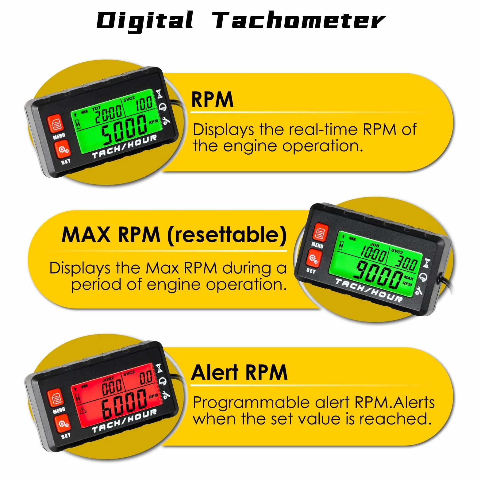 Tacómetro digital contador de horas impermeable con pinza de cocodrilo y batería reemplazable