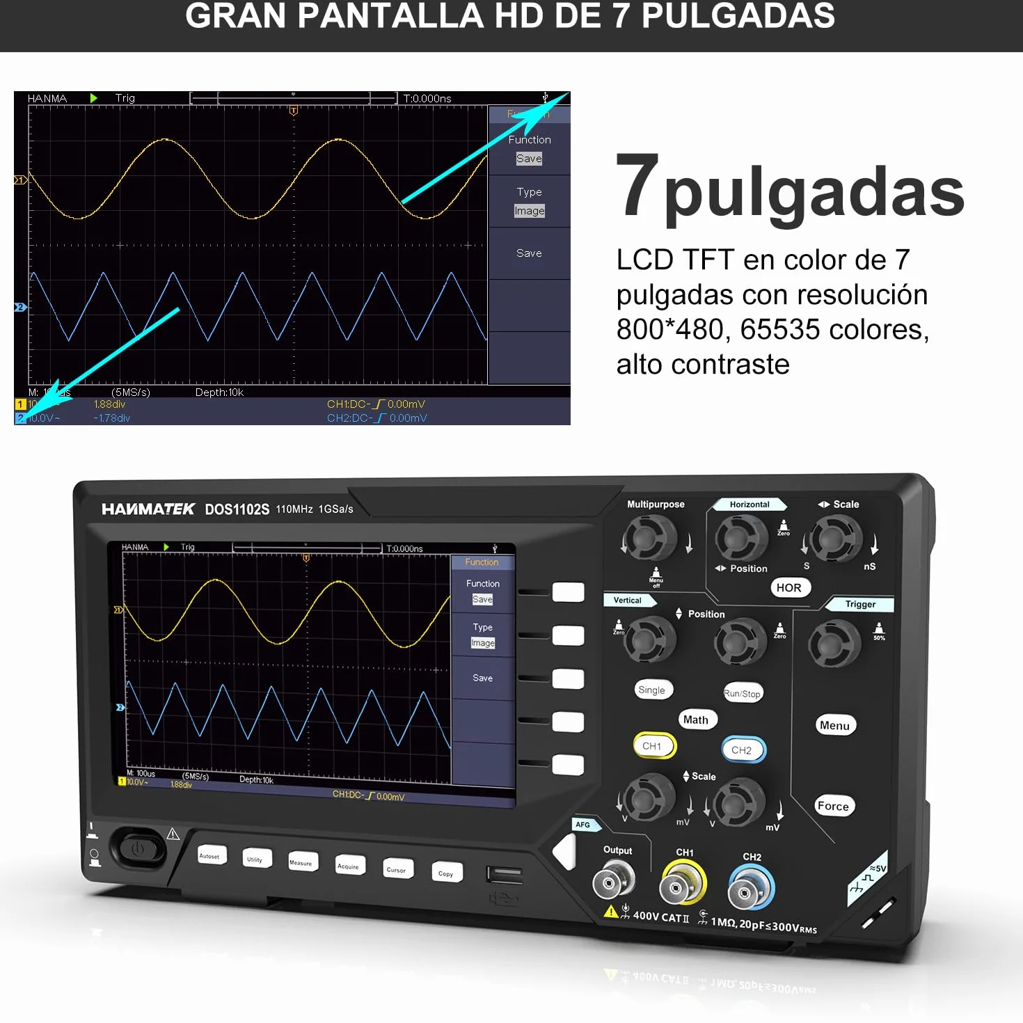 HANMATEK 2 en 1 Osciloscopio Digital Generador de señal DDS DOS1102S con Ancho de Banda de 110 mhz, 2 Canales y Pantalla TFT-LCD, Frecuencia de Muestreo de 500 MS/s *2