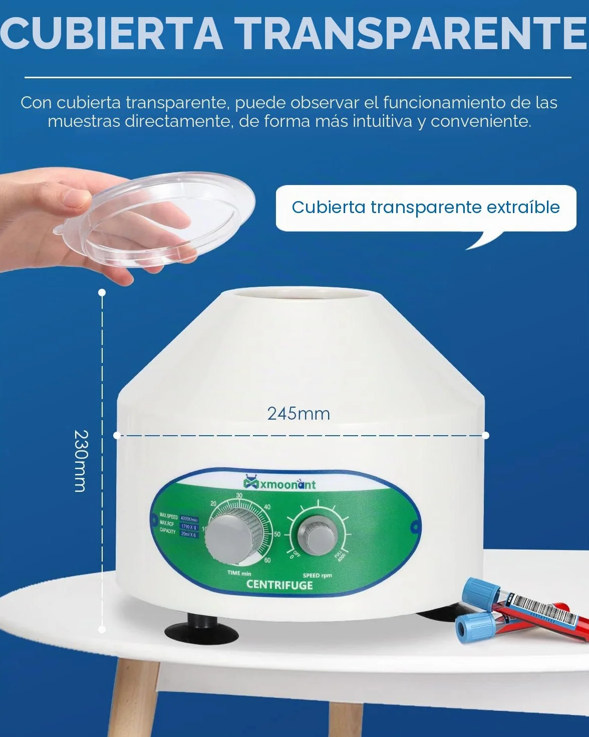 Mxmoonant Centrifugadora de Laboratorio 4000rpm 6x20ml 1790xg 60min Temporizador para Tubos PRP Separación Muestras Enchufe UE