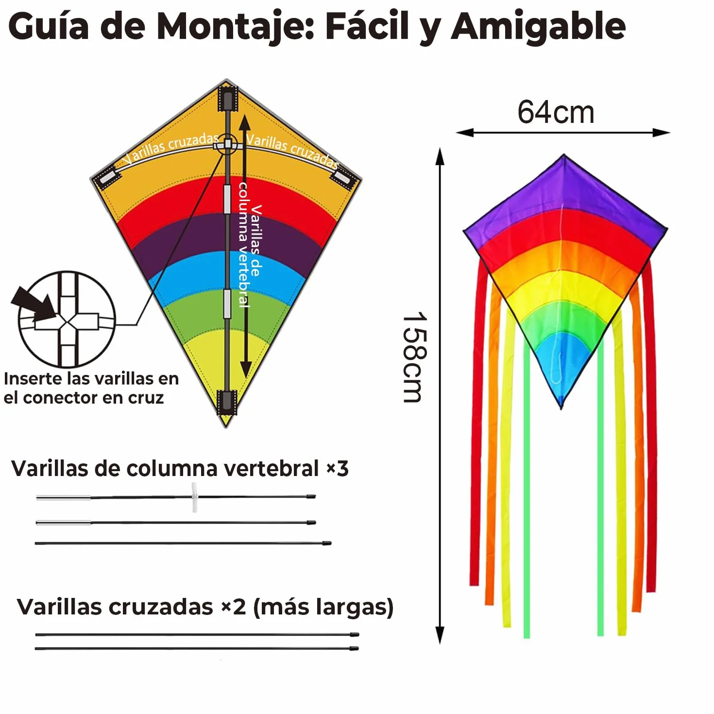 Cometas para Niños y Adultos - Cometa Diamante Eddy Arcoíris Fácil de Volar, Juguetes Voladores al Aire Libre para Principiantes