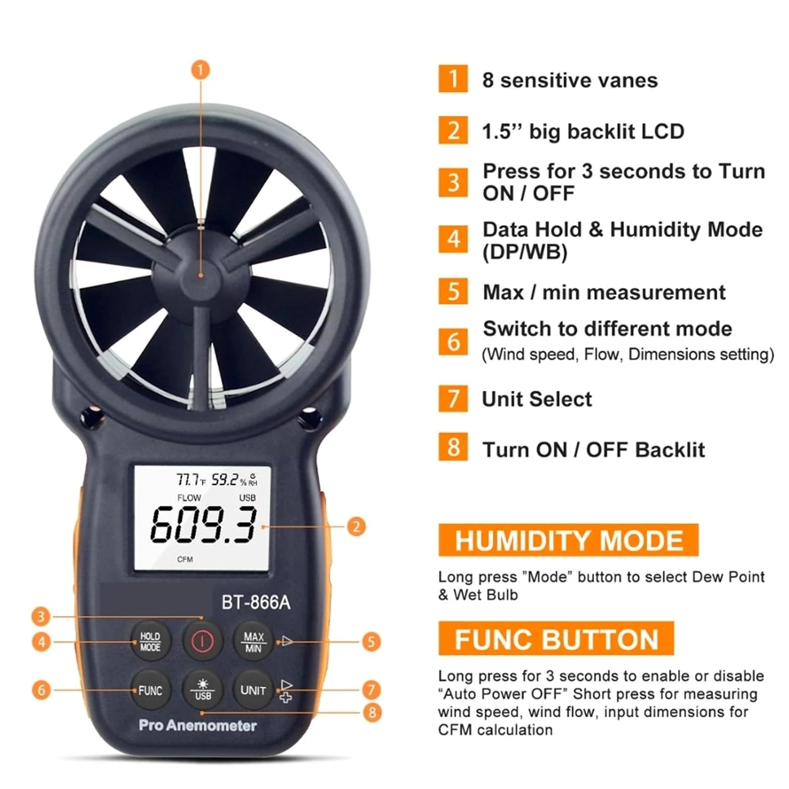 Anemómetro Digital de BT-866A, medidor CFM portátil con conexión USB, medidor de flujo de aire, medida de temperatura del viento/velocidad, sensación térmica CFM