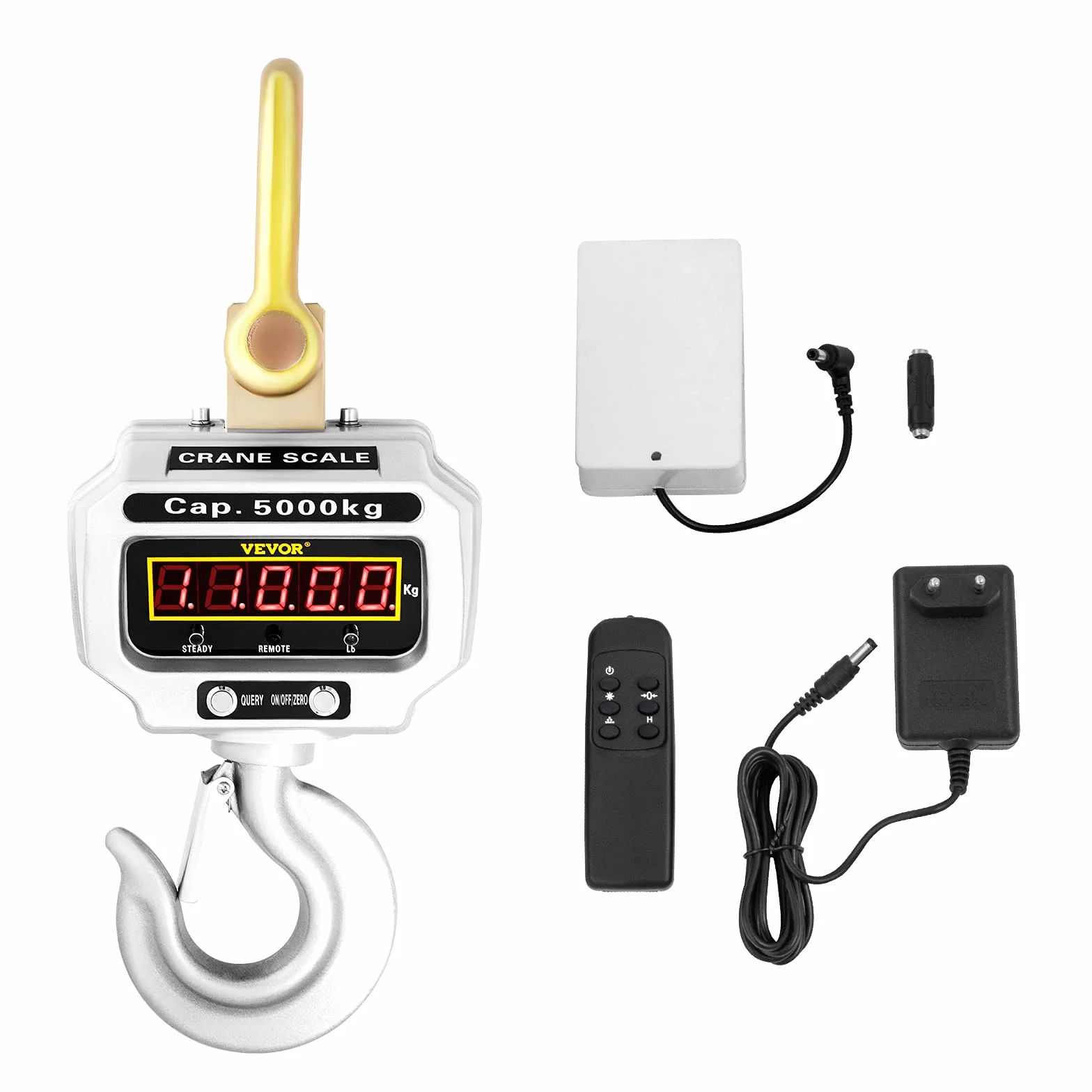 VEVOR Báscula de Grúa Electrónica 5.000 kg, Escala con Gancho Resistente, Clase de Precisión OIML III, Rango de Temperatura -10 a 40 ℃, Duración de la Batería Más de 60 Horas, 26,5 x 22 x 75 cm