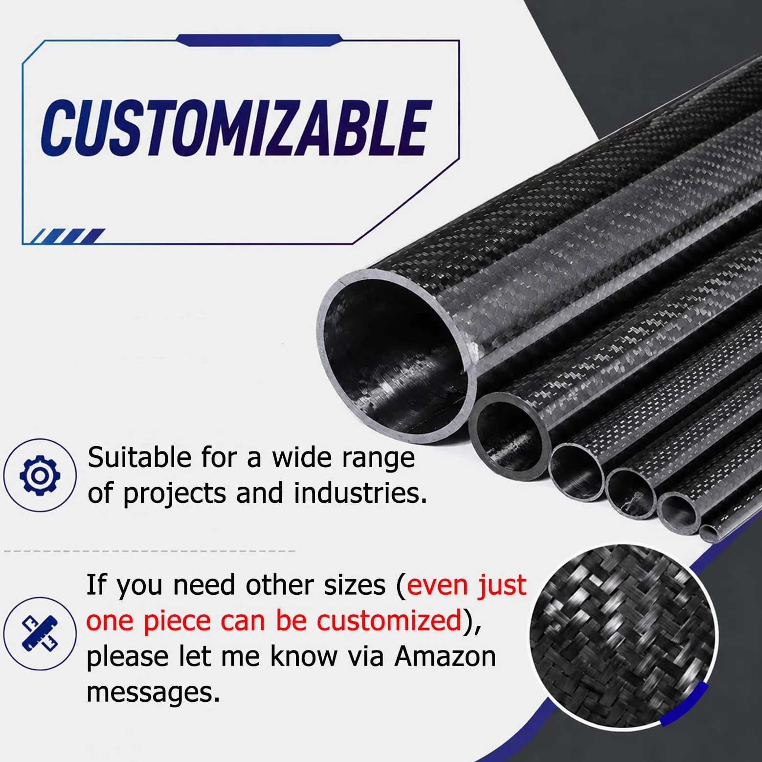 Tubo de Fibra de Carbono Tubo Redondo de Fibra de Carbono Ligero, Eje Hueco de Fibra de Carbono Personalizable, para automoción, Drones, estructuras de Cometas o impresoras 3D(47x43x1000MM)