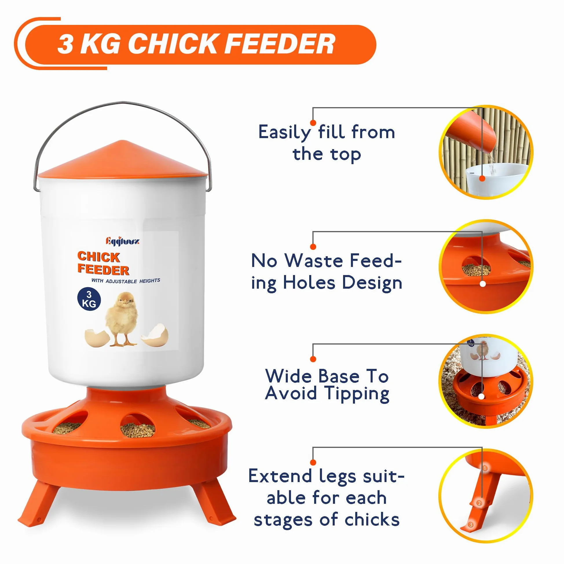 Eggluuz Kit de comedero y bebedero para pollitos, comedero para pollitos de 3 kg y bebedero para pollitos de 1,5 L con 3 alturas ajustables