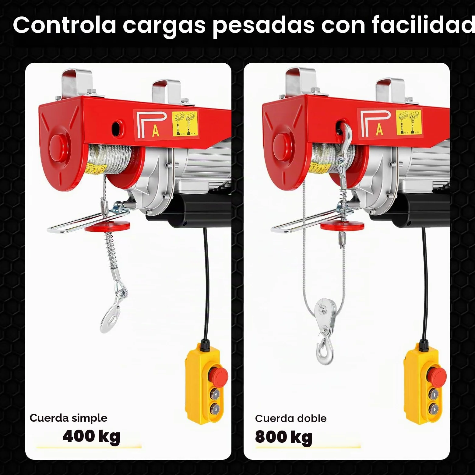 Cabrestante eléctrico Poyujkyhr de 800 kg con doble cuerda, 10 m de altura de elevación, motor de 1350 W, polea con control remoto, velocidad de elevación de 10 m/min, cabrestante de cadena para