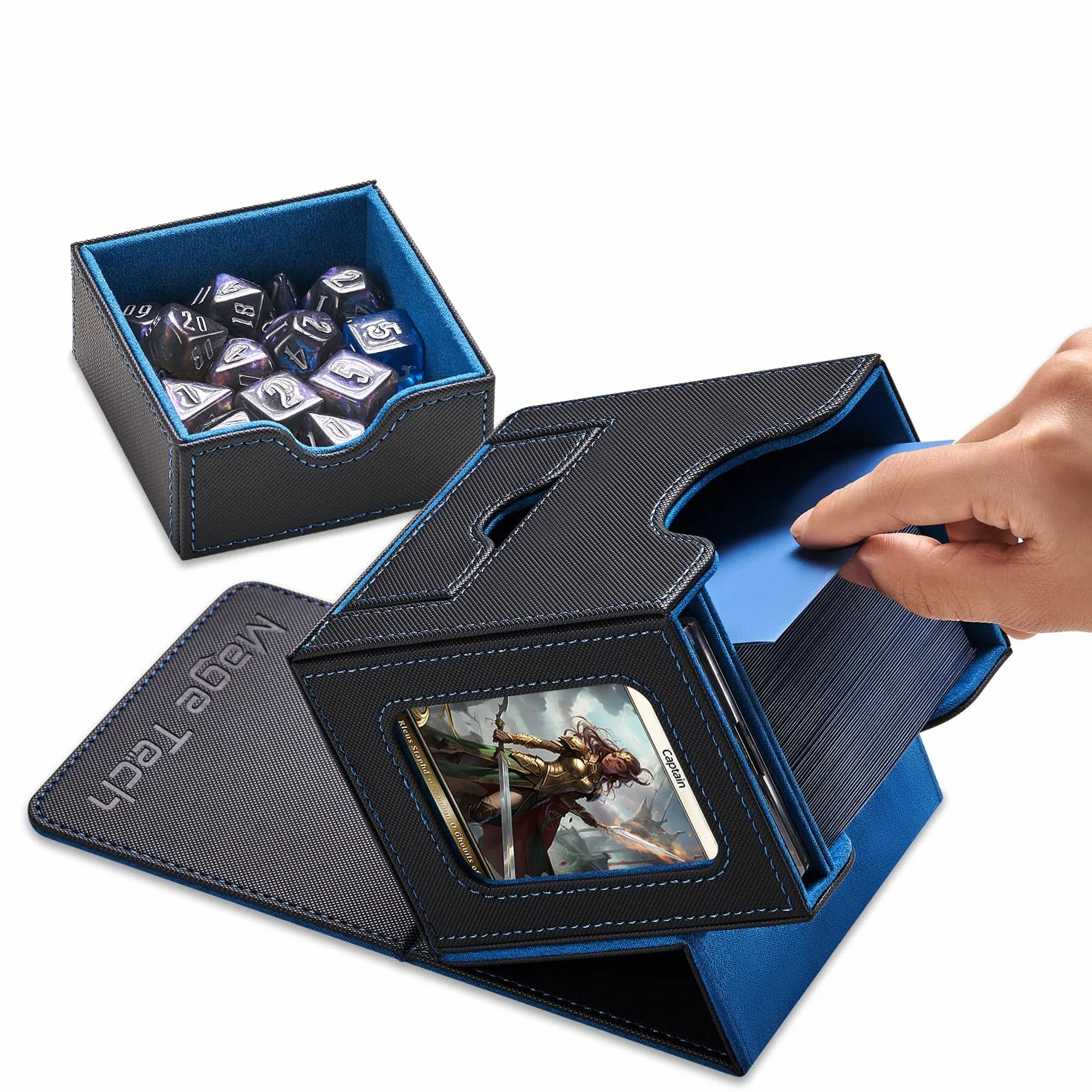 Mage Tech Card Commander Deck Box para MTG - Diseño patentado, expositor de Commander, 100 cartas doble manga, tarjetero magnético 35pt, bandeja dados - negro/azul
