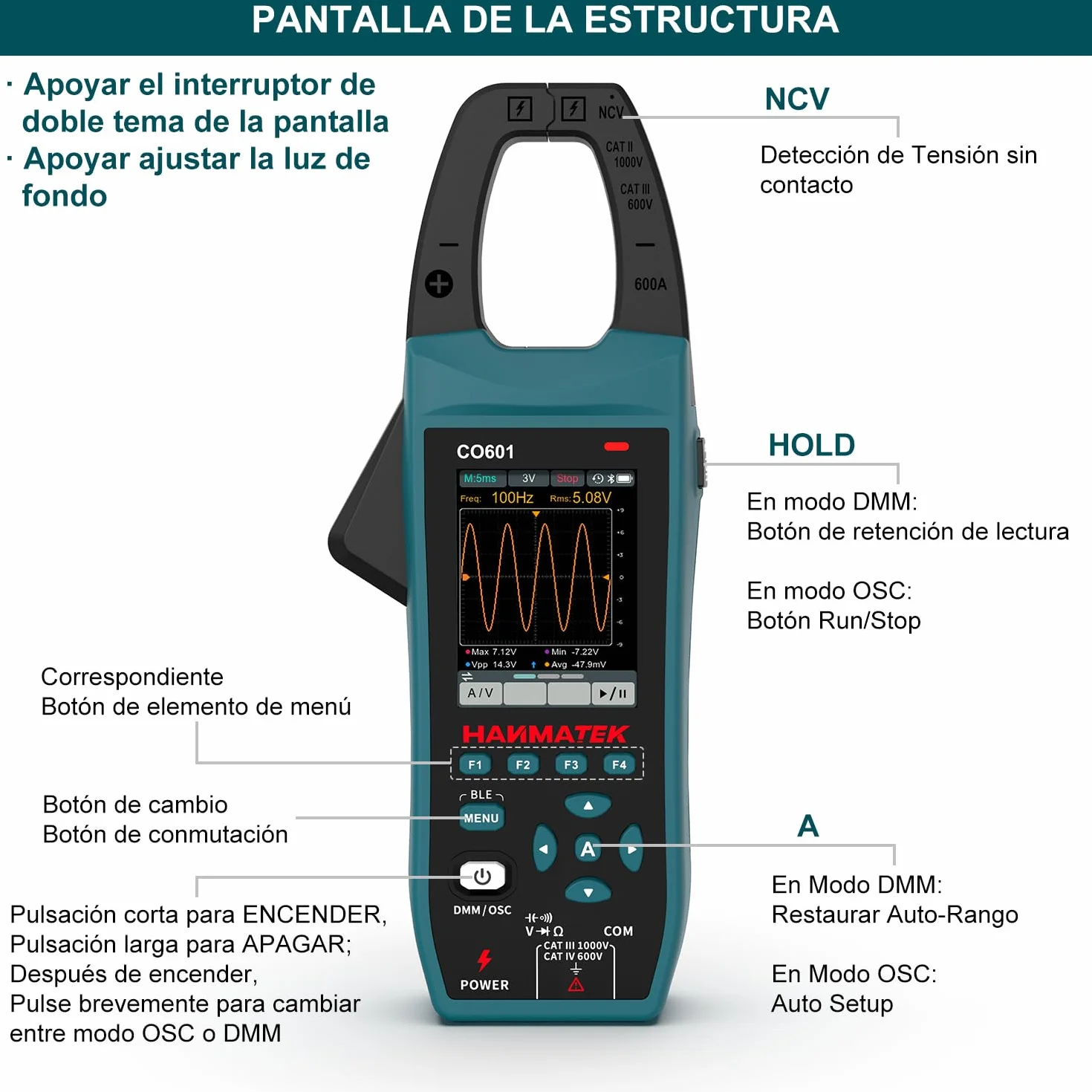 HANMATEK Multímetro con Osciloscopio 2 en 1, Pinza Amperométrica Profesional, 5 MSa/s, Banda 1MHz, NCV, Bluetooth, Pantalla TFT de 2.8", 600A/1000V, CO601