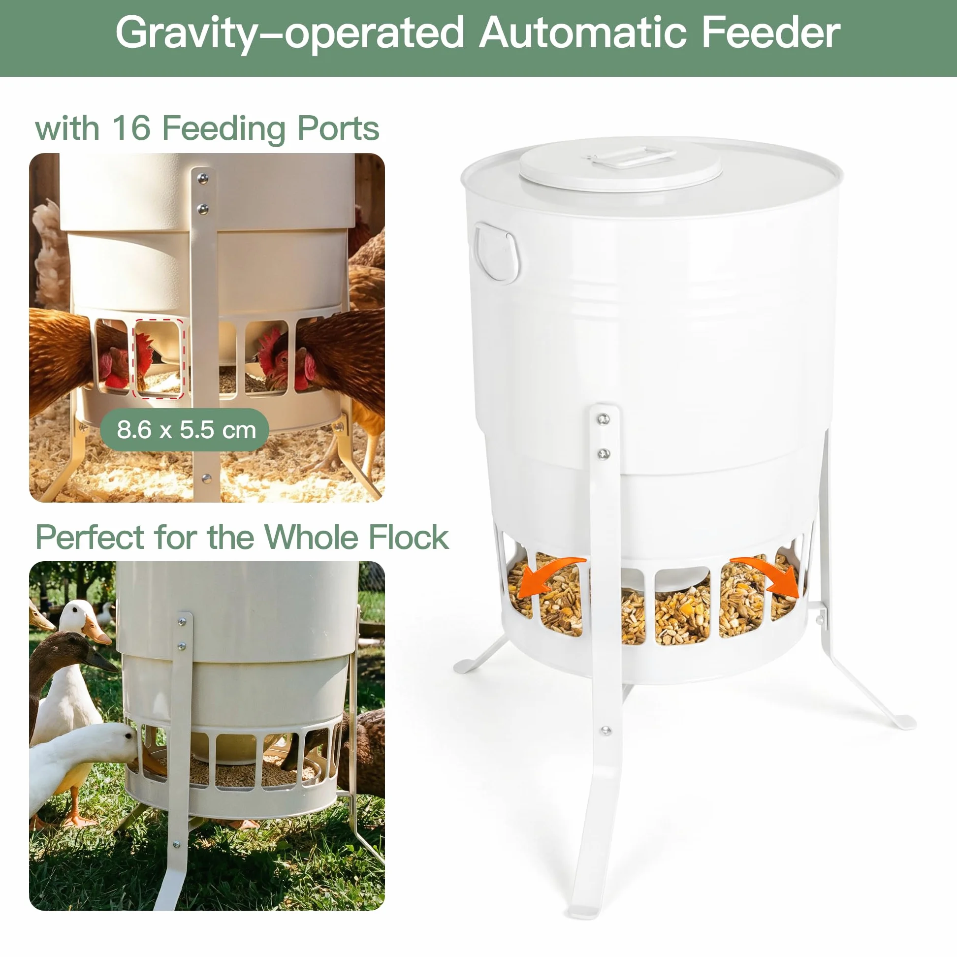 Comedero automático para pollos de 23 kg, sin desperdicio, con 16 puertos, color blanco, a prueba de ratas, gravedad, para gallinas, gansos, 43 L