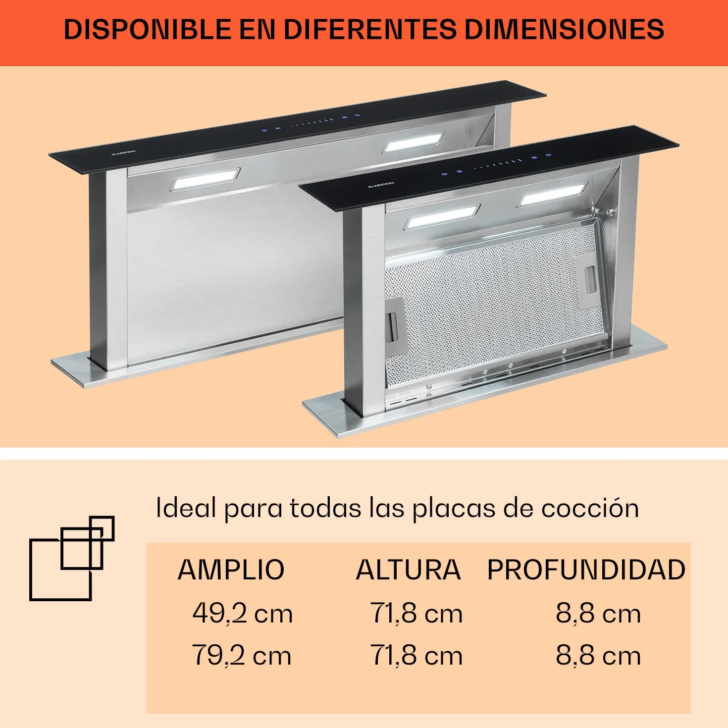KLARSTEIN Royal Flush Downdraft Campana extractora replegable, 430 m³/h, Acero Inoxidable, 60 cm, Negro