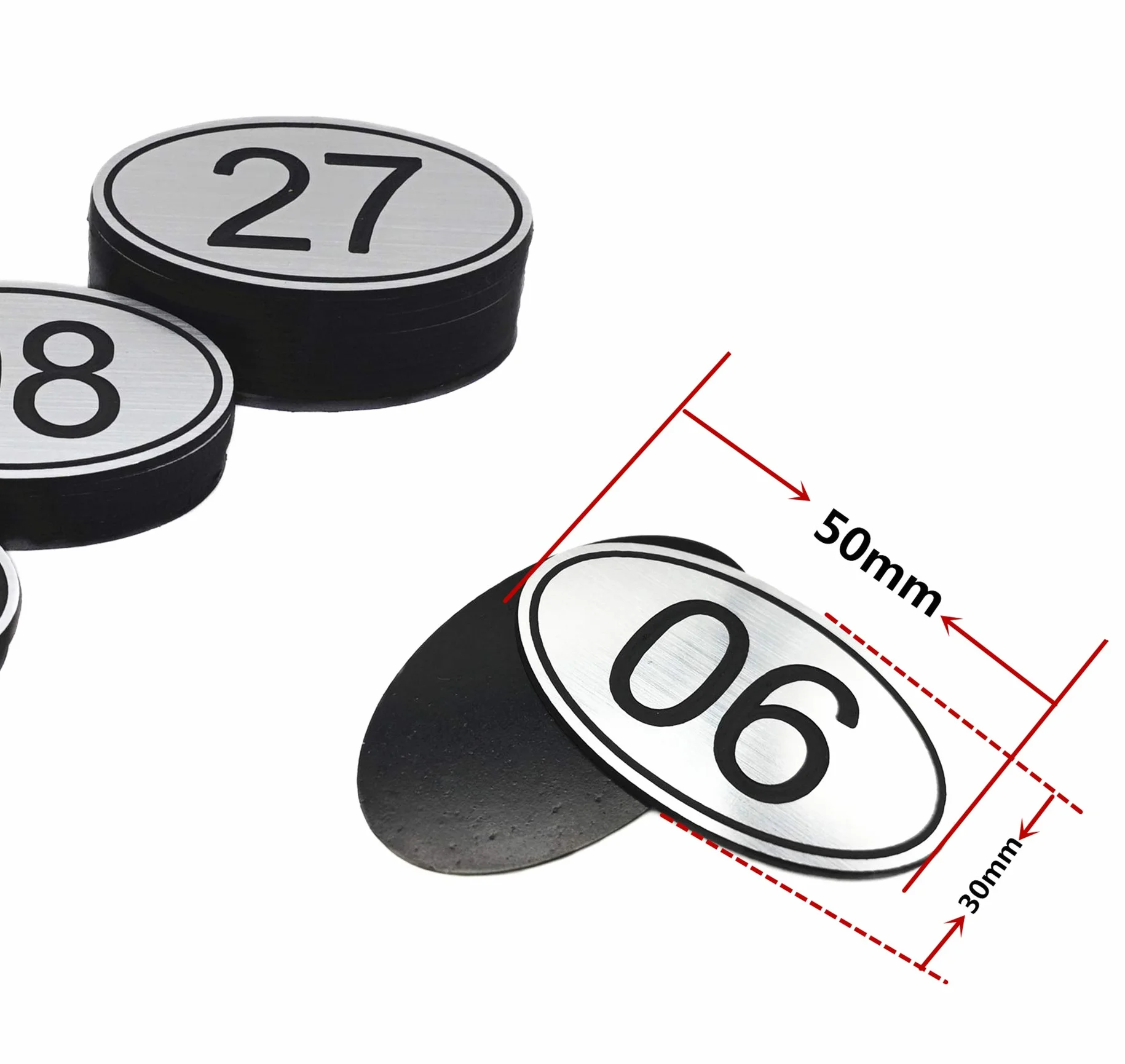 PlayCool Números de mesa ovalados de ABS grabados 30 mm x 50 mm 1-100 plateado para pubs restaurantes