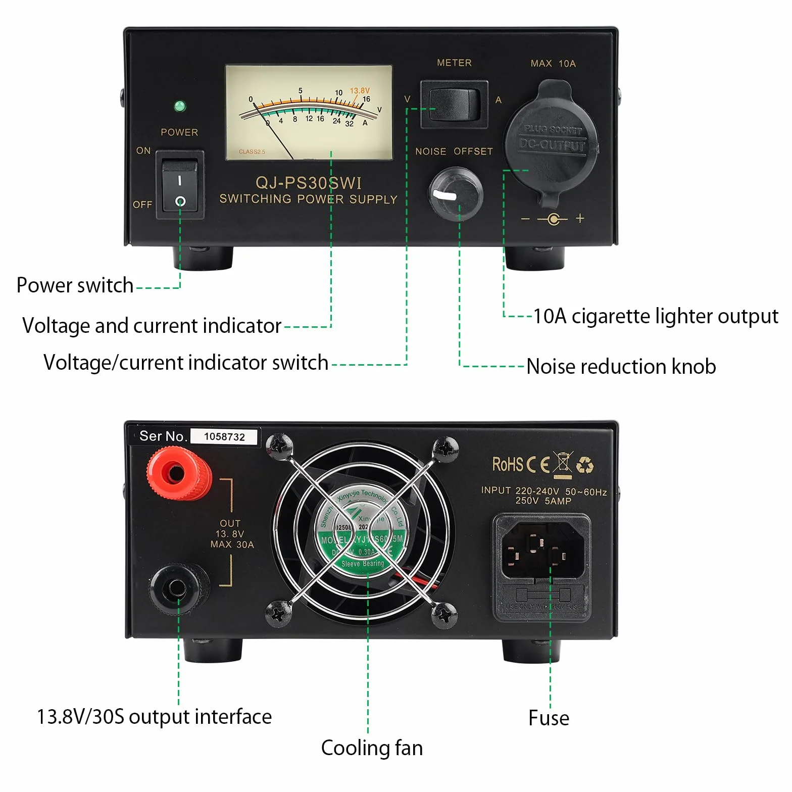13,8 V 30 A Fuente de Alimentación de Mesa, Control de Reducción de Ruido, Fuente de Alimentación de Radio Amateur con Enchufe de Encendido, para Ondas Cortas y Estaciones Base en El Autom Ávil