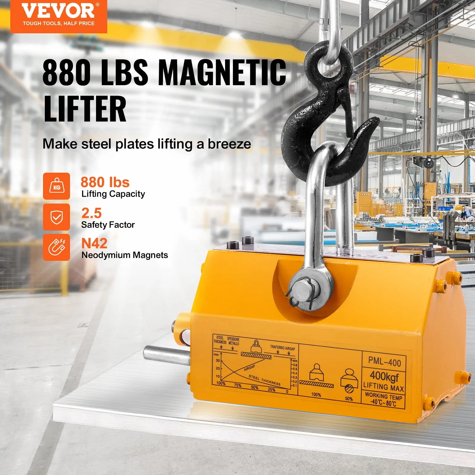 VEVOR Permanente Magnetic Lifting with Release, 880 lbs/400 kg Heavy Duty Magnet, factor de seguridad 2,5, Neodymium & Steel for Hoist, Shop Crane, Block, Junta Levantamiento Plate Steel