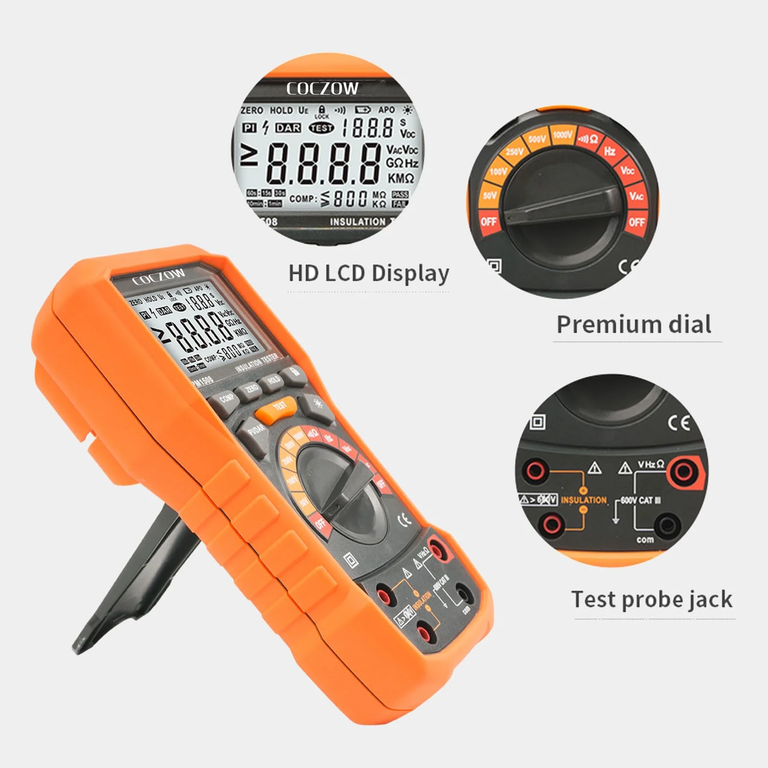 Comprobador Digital de Resistencia de Aislamiento 1000 V CA/CC Para Aparatos Eléctricos, Resistencia de Aislamiento de Hasta 100 GΩ, con PI/DAR, Prueba de Frecuencia y Baja Tensión, con Pantalla LCD