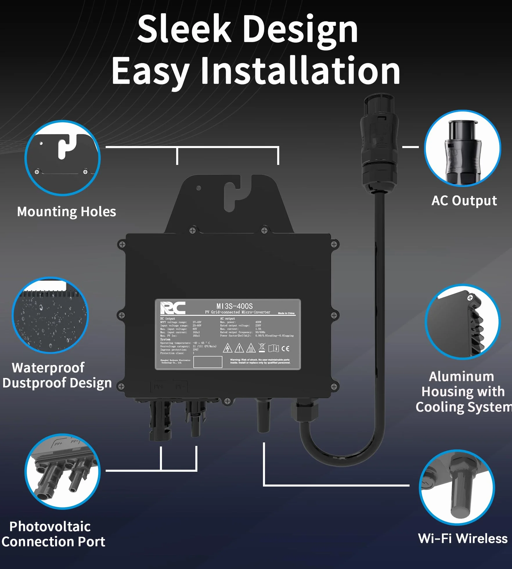 Microinversor RC de 400W, Entrada de 25-60V CC, inversor de módulo fotovoltaico, microinversor MPPT, Control de la aplicación Mediante Wi-Fi