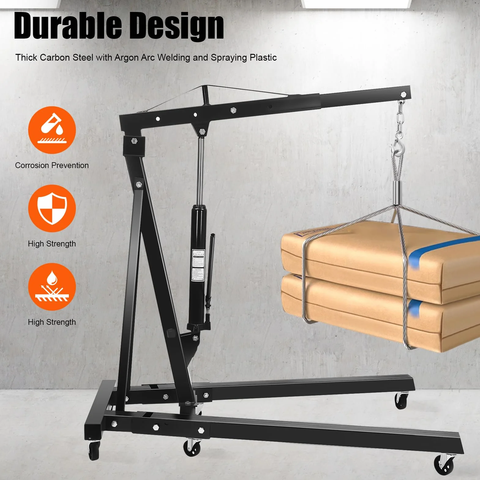 Grúa de motor plegable, 2 toneladas, mango de bomba hidráulica, plataforma elevadora, gato elevador, mango de pie, 6 ruedas resistentes, taller, garaje