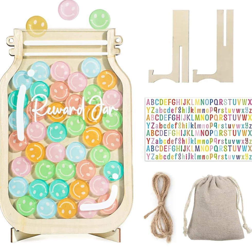 Tarro de recompensa cara sonriente con cuerda y soporte para colgar, tabla de comportamiento infantil
