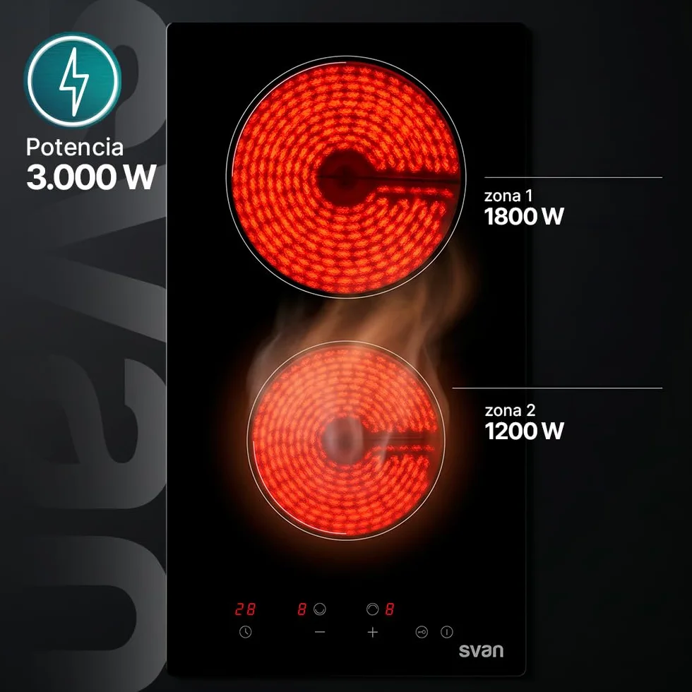 Svan Placa Vitrocerámica Cristal negro SV2302 2 Zonas 3000 W 9 Niveles Control táctil