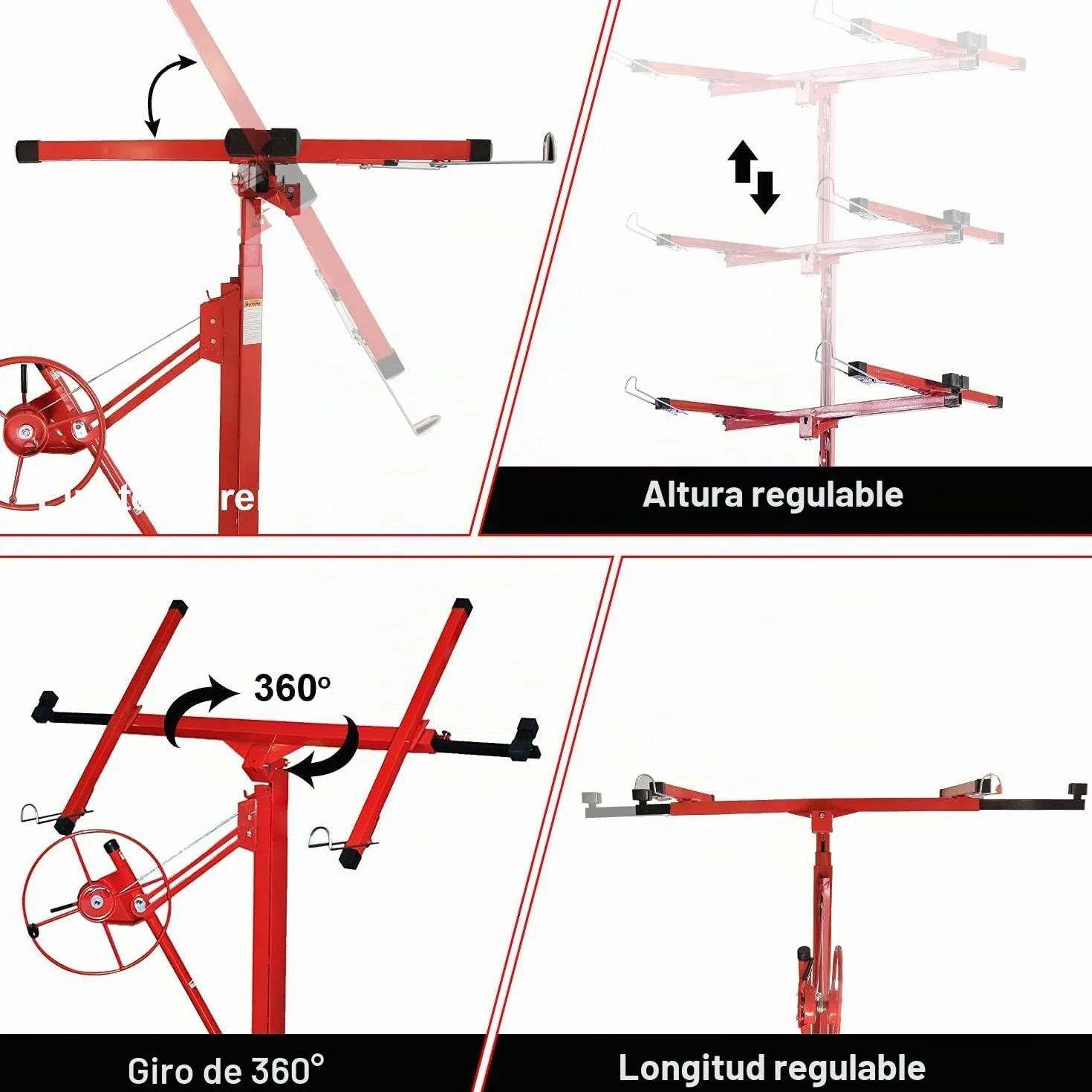 Elevador de placas plegable XXL, 140-350 cm de altura de trabajo, ajustable en altura para placas de yeso, 68 kg de carga, 290 cm de ancho máximo del brazo de carga