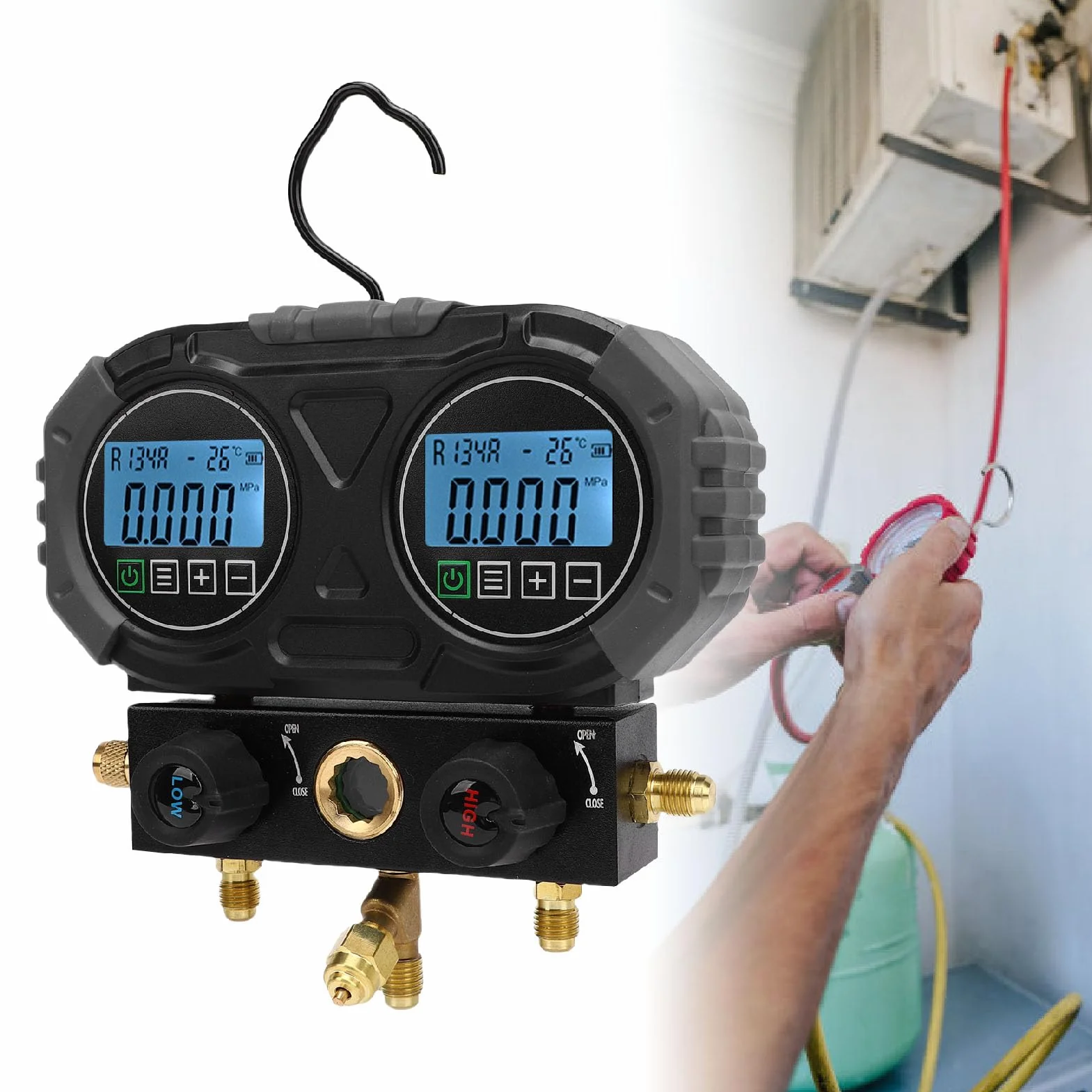 0-6000 KPa Refrigerantes HVAC Probador de Presión Digital Función de Conversión de Múltiples Unidades Tester de Colector Digital con Ventana Visible