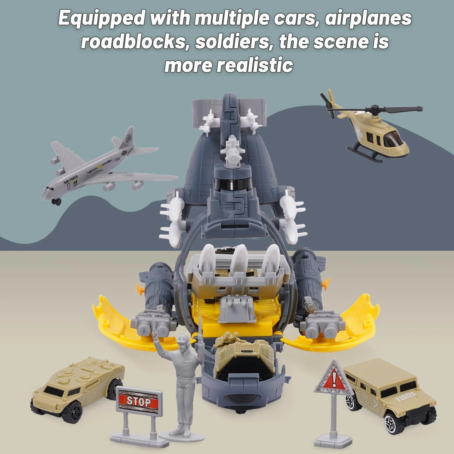 Submarino Militar Juguete Marino con 18 Transportes, Alfombrilla de Juego y Avión Portaaviones para Niños 3+