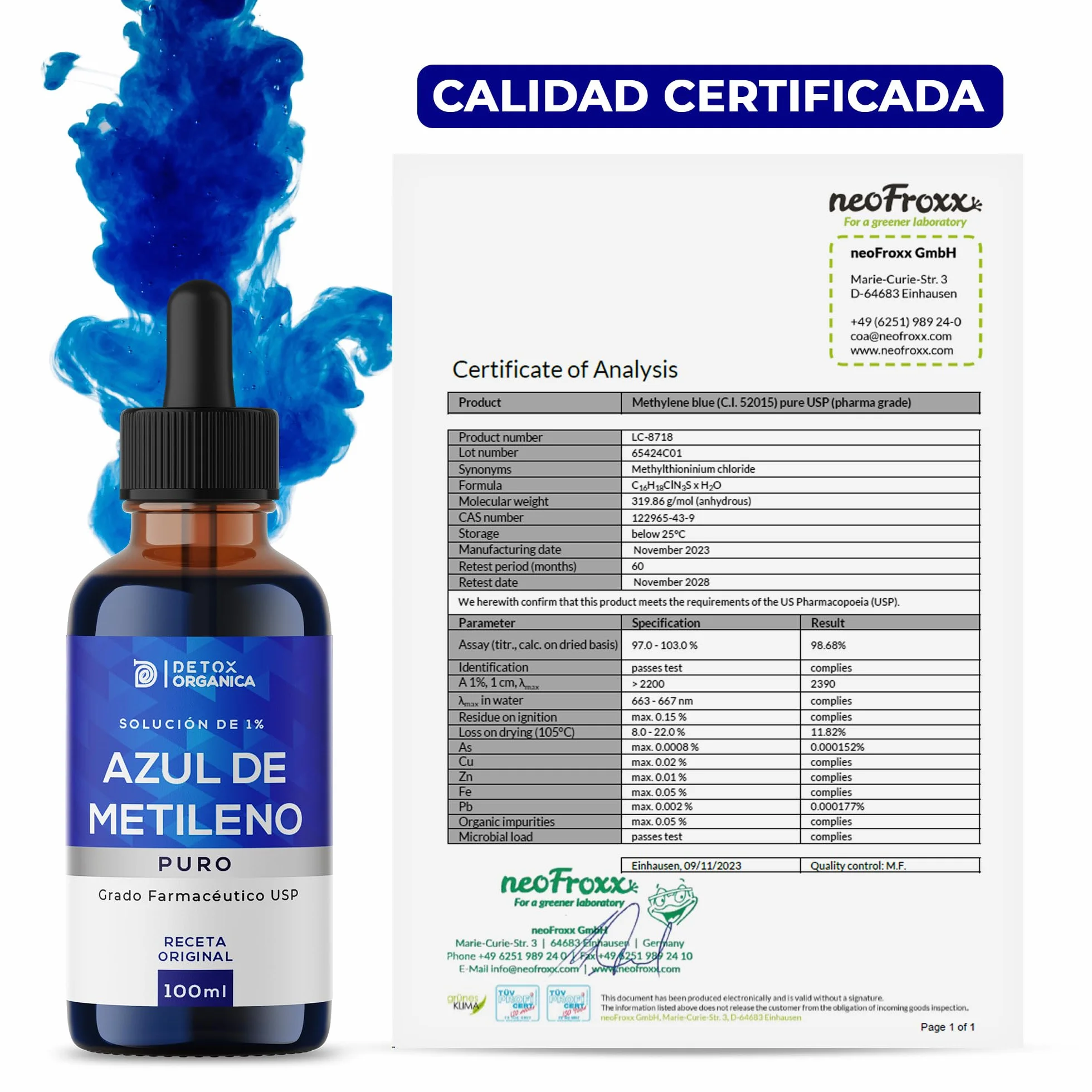 Detox Organica Azul de Metileno 1% Solución 100 ml - Methylene Blue de Alta Pureza