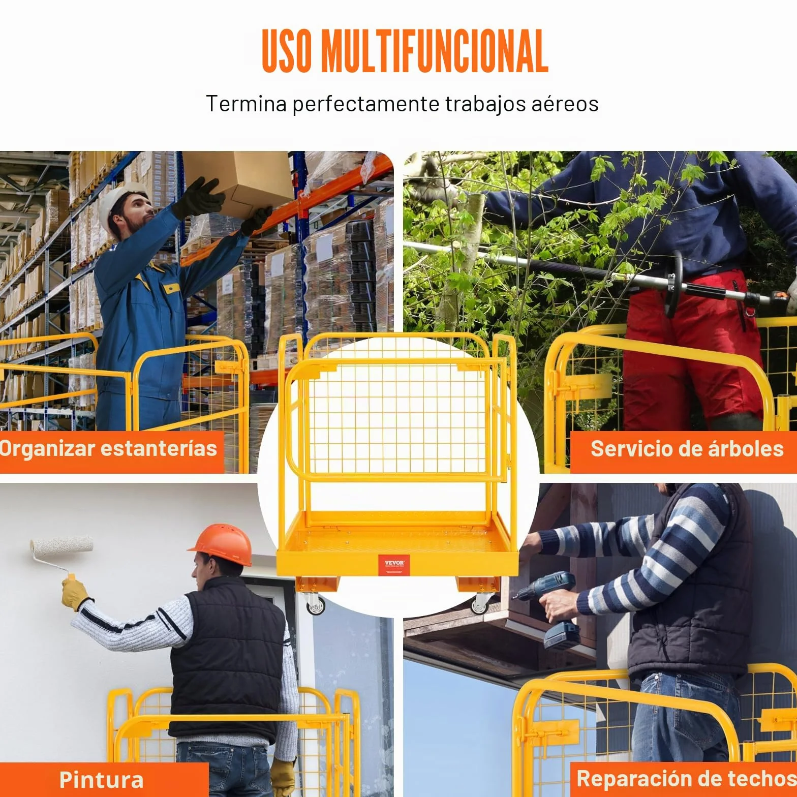 VEVOR Jaula de Seguridad Carretilla Elevadora Carga 544kg Plataforma de Trabajo Plegable 92x92cm 1-2 personas Ruedas Giratorias Bloqueables Cadena de Drenaje con Orificio Seguridad para Trabajo Aéreo