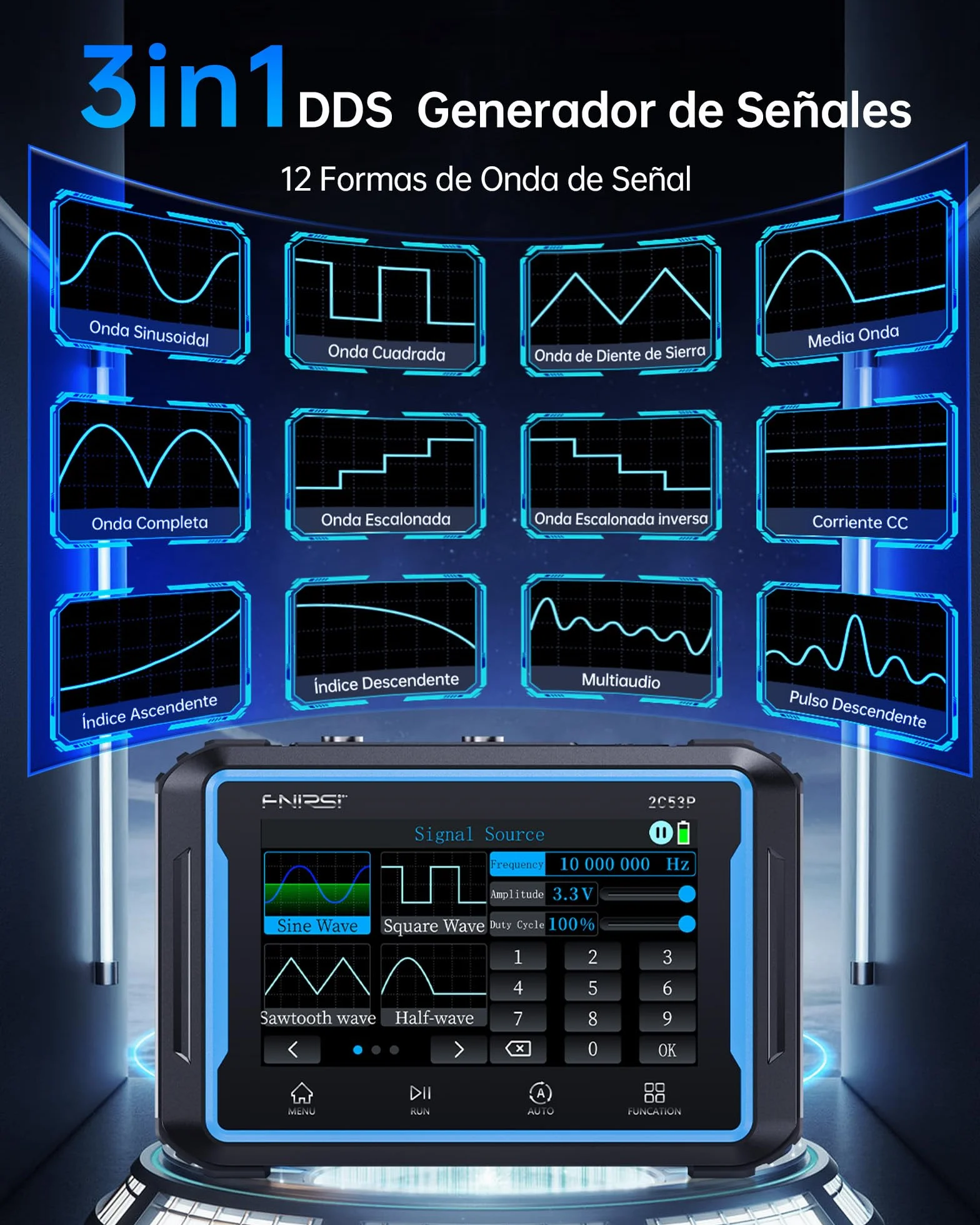 FNIRSI 2C53P Osciloscopio Portátil para Tableta, Multímetro, Generador de Señal DDS 3 en 1, Osciloscopio Automotriz de 2CH*50MHz, 19999 Recuentos, Muestreo de 250 MS/s, Pantalla Táctil de 4,3 Pulgadas