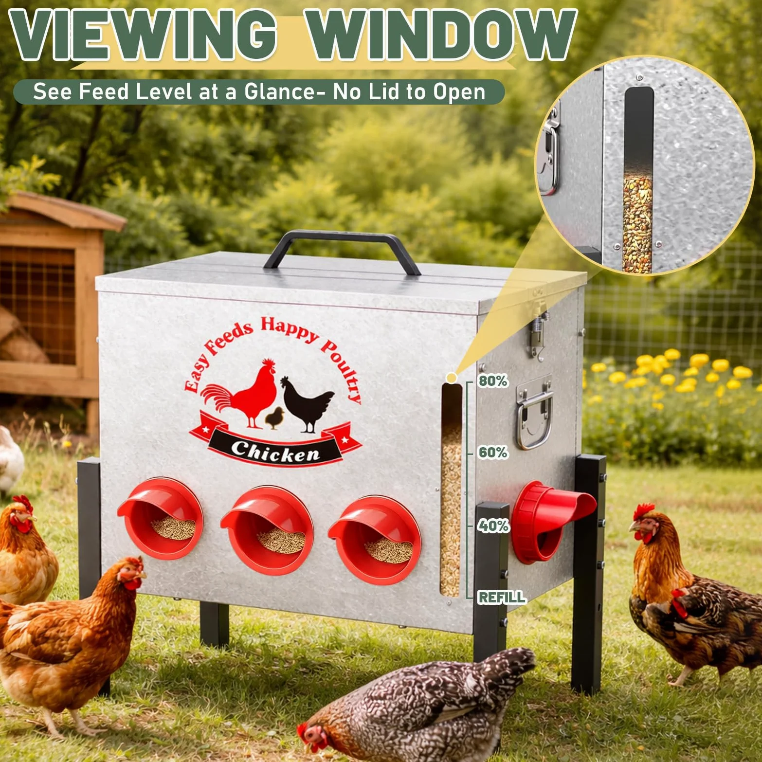 Comedero automático para gallinas de 25 kg con 8 orificios de alimentación, ventana, tapa con cierre, altura ajustable, resistente a las ratas, almacenamiento de alimentos para pollos, patos, gansos