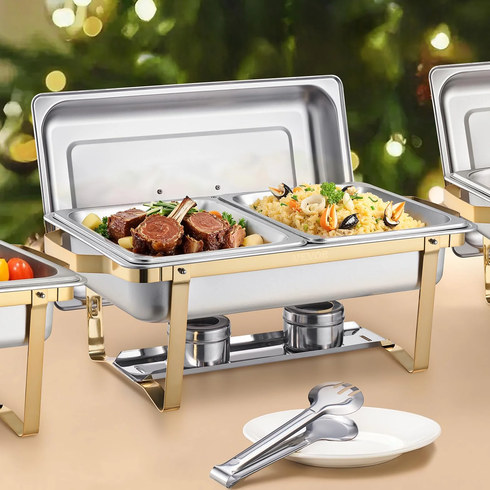 VEVOR Juego de Calentador de Alimentos Acero Inoxidable 2 Cacerolas 7,5L 4 Cacerolas 4L Rectangular Catering Tapa Soporte Dorado