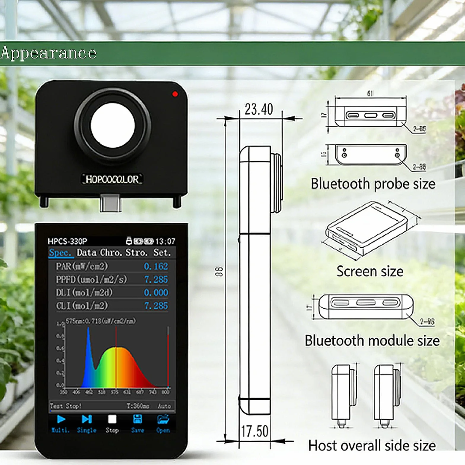 Medidor de luz PAR PPFD de 350-800nm HPCS330P, medidor de espectro de luz, medidor de CCT, espectrómetro CRI, prueba de parpadeo Hopoocolor para luz LED