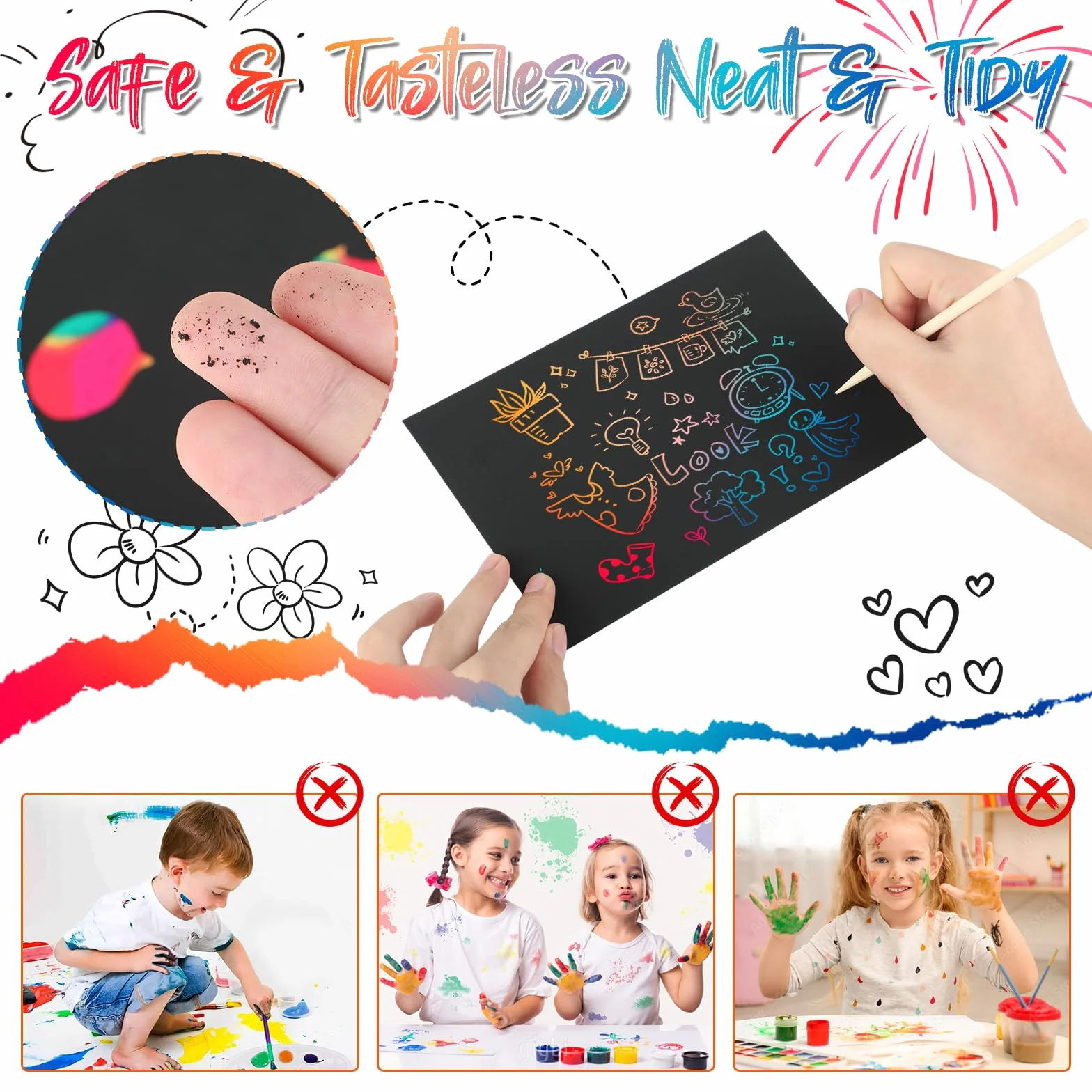Rainbow Scratch Paper para niños – 50 hojas, 5 lápices, 4 plantillas, kit de dibujo DIY