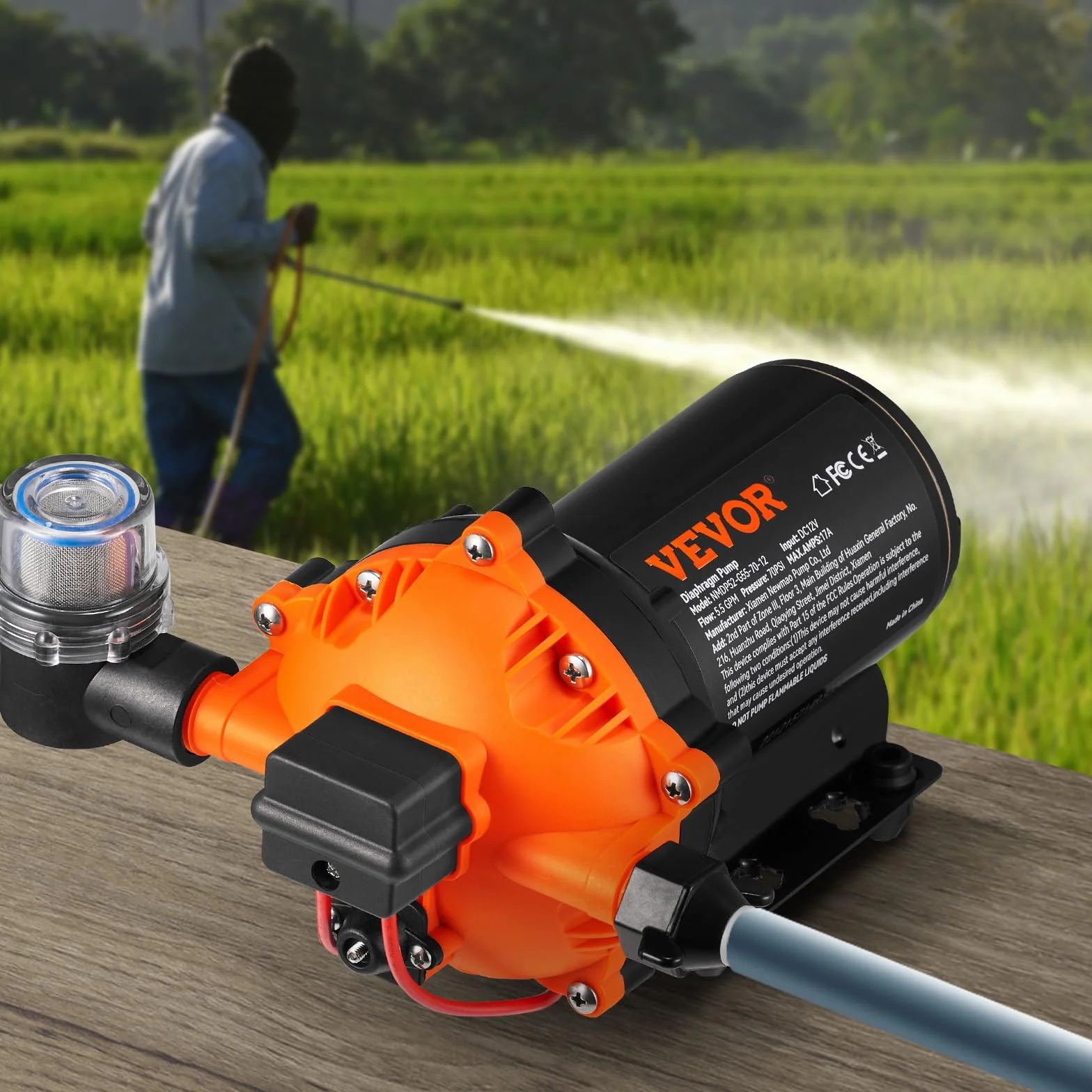 VEVOR Bomba de Diafragma de Agua 12 V 5,5 GPM 70 PSI Ajustable 40-100 PSI Autocebante con Presostato