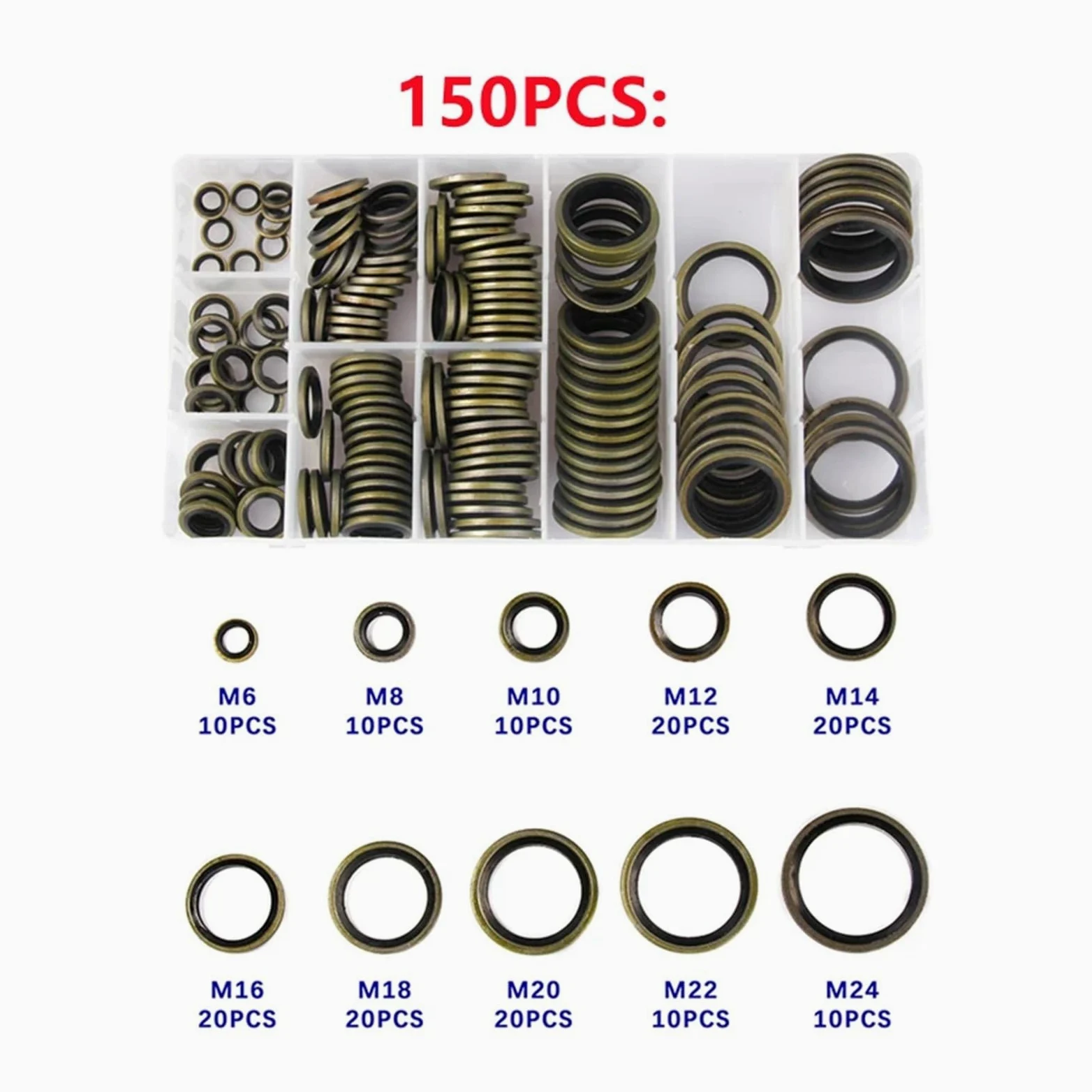 180/150/100 Uds. Juntas de arandela de resistencia de goma metálica surtido de estanqueidad de diferentes tamaños con caja(150PCS M6-M24)