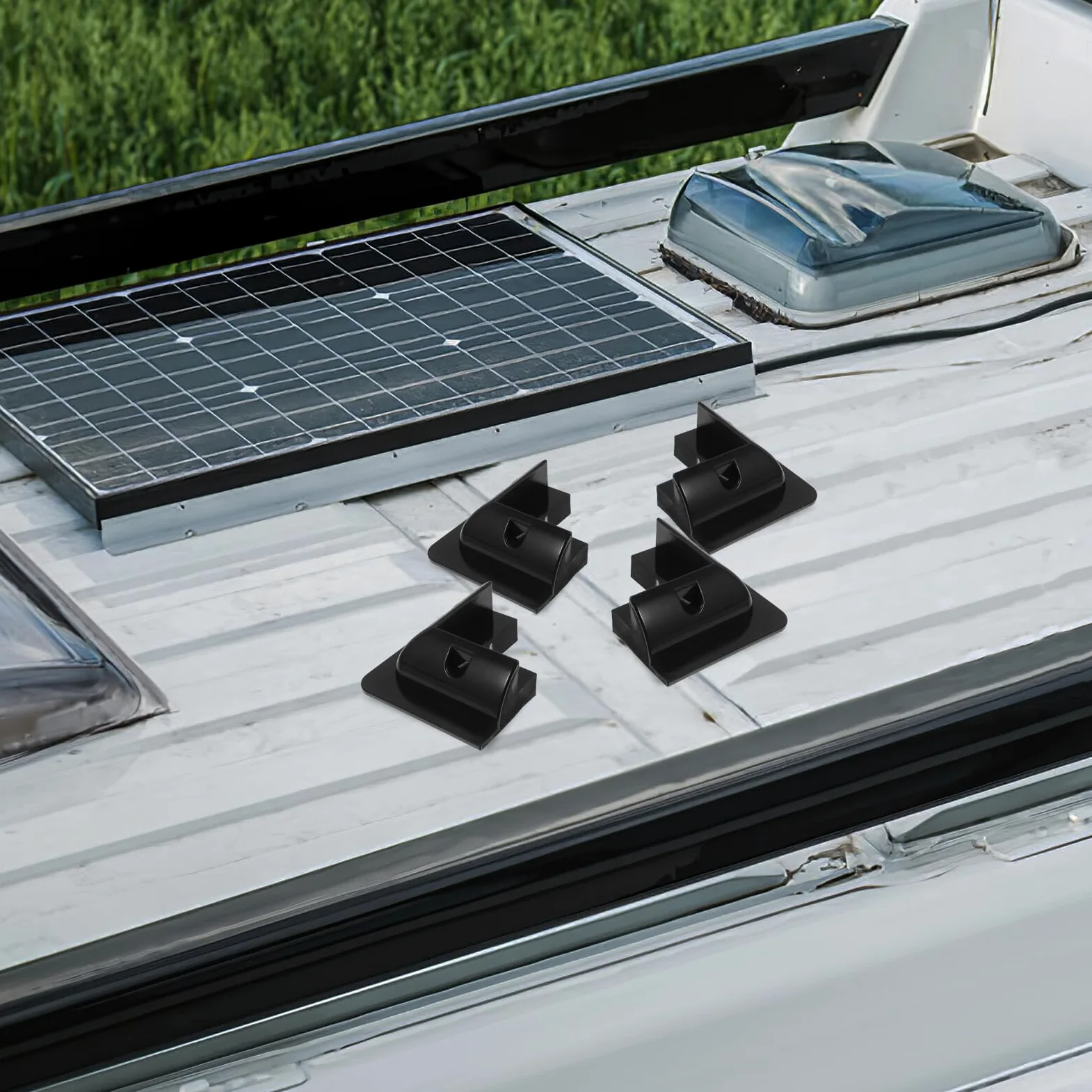 Soporte para Panel Solar Rv sin Taladro Montaje Fácil con Estructura Ventilada Resistente y Seguro Kit para Caravanas y Color Negro