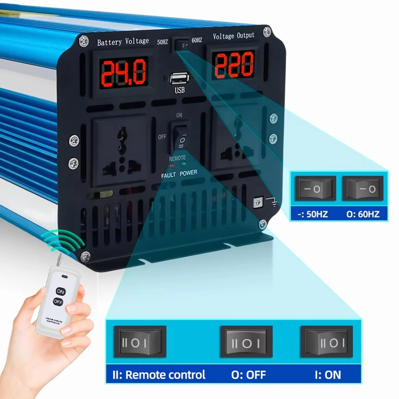 Inversor Inversor De Potencia Solar De Onda Sinusoidal Pura De 24V A 220V Convertidor Potente 60 Hz para Caravanas Y Camping Al Aire Libre(2000W Peak)